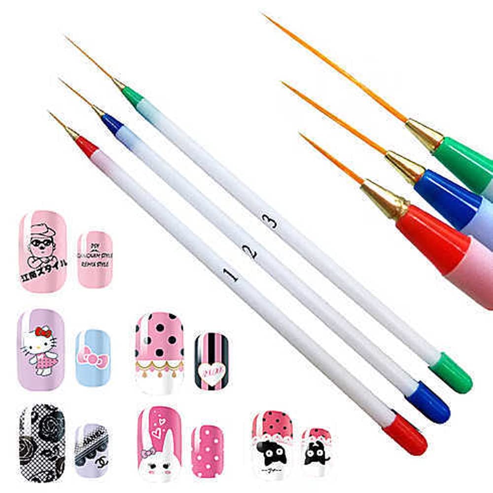 ALVRIO 3-Piece Fine Drawing Striping Liner Nail Art Pen Brush Set - Professional Salon & DIY Gel UV Manicure Tools with Multicolor Tips (Perfect for Nail Design, French Tips & Creative Nail Art)