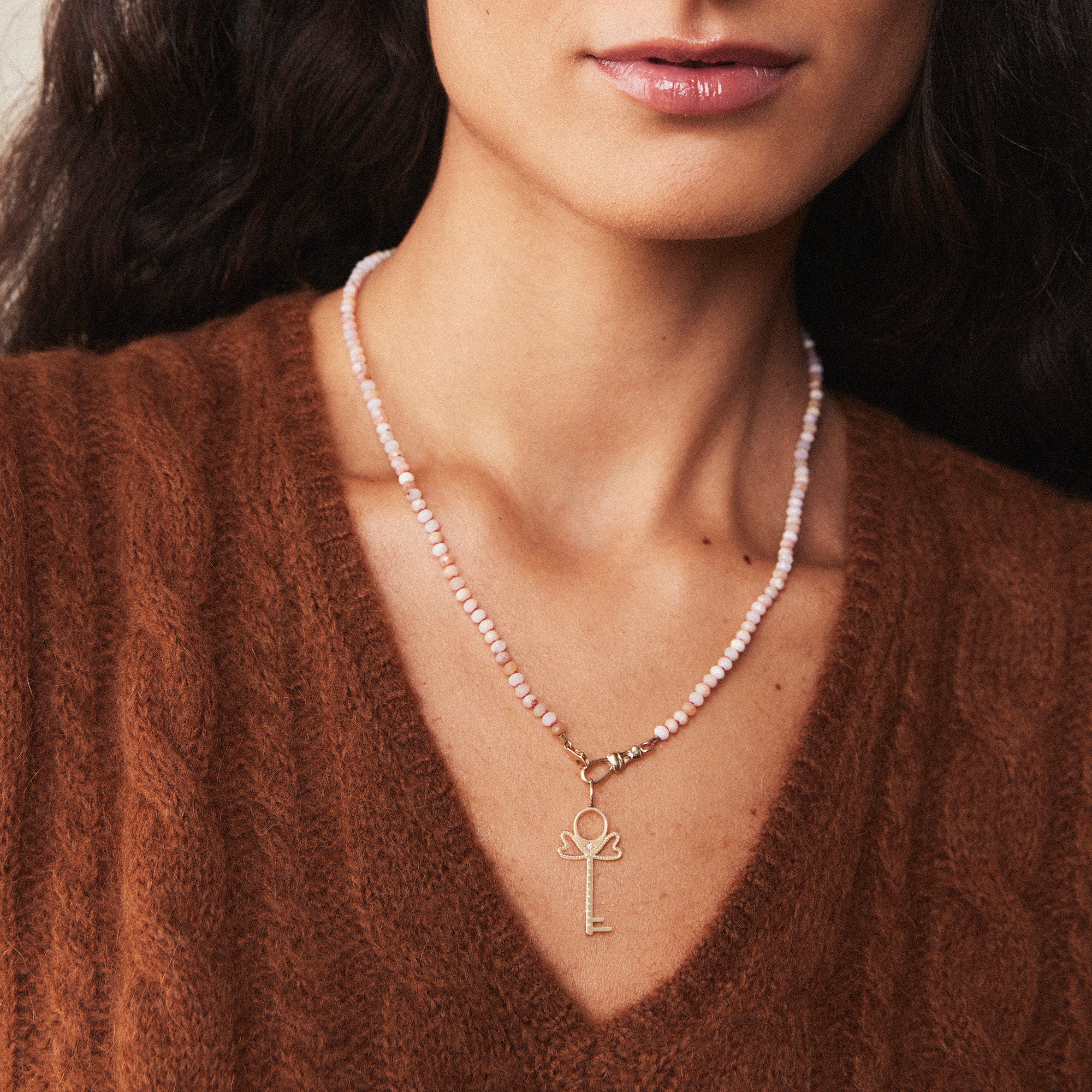 10K Yellow Gold Pink Opal Beaded Mood Necklace – Genuine Gemstone Jewelry for Stress Relief & Emotional Balance | Perfect for Meditation, Yoga & Everyday Wear