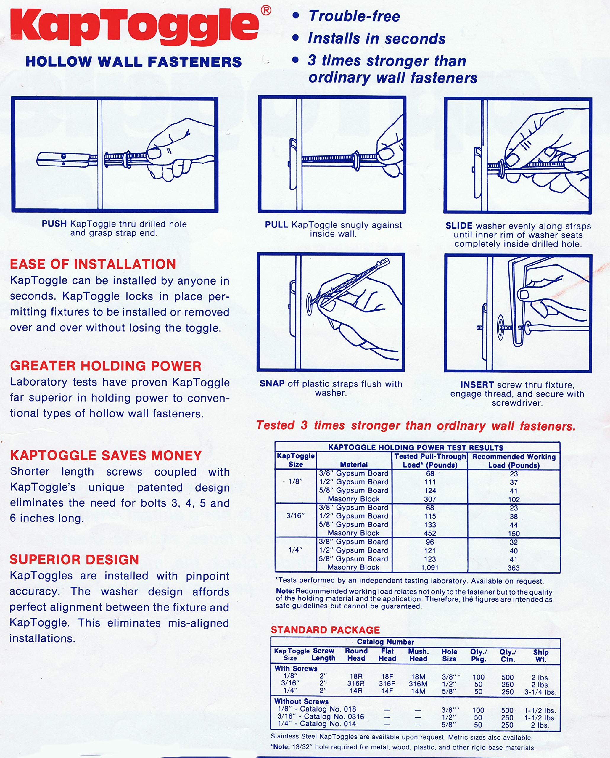 KapToggle Hollow Wall Anchors - Heavy Duty Flip Toggle Bolts for Concrete & Drywall (3/16