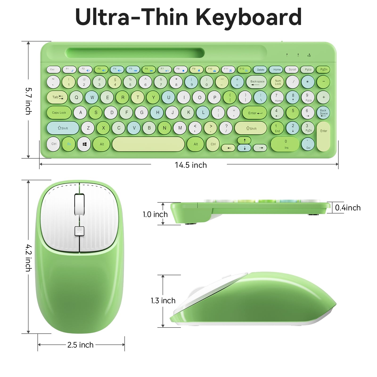 Retro Wireless Keyboard and Mouse Combo with Round Keycaps, 2.4GHz Full-Size USB Cute Green-Colorful Set for Computer, Desktop, Laptop, Home Office, and Gaming