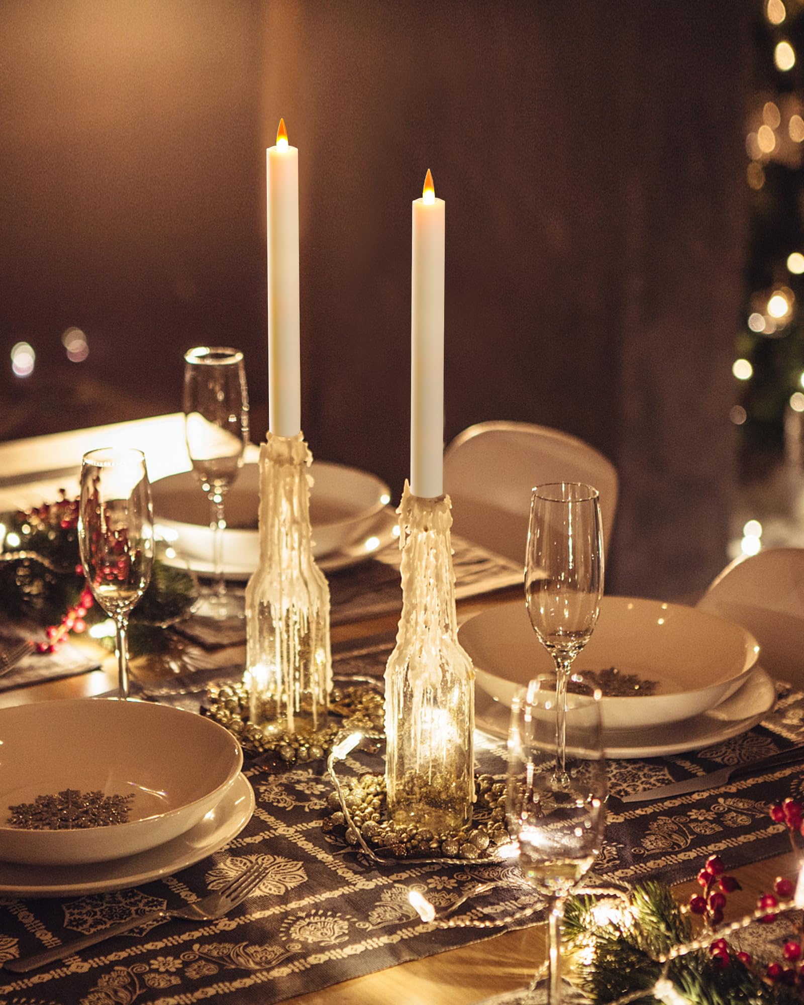 Da by LED Flameless Cone Candles with Remote Timer - 9.6 Inch Ivory Battery Powered Candlesticks - Realistic 3D Flickering False Flame Window Candles (Set of 3) - Perfect for Home Decor, Wedding Centerpieces & Holiday Ambiance