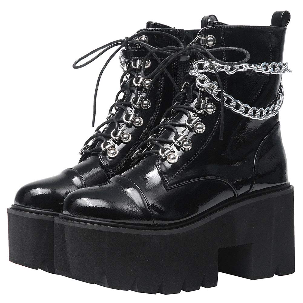 Erocalli Women's Fashion Block Heel Platform Combat Ankle Boots - Lace Up Studded Motorcycle Goth Boots with Chain Detail for Casual Wear, Night Out & Street Style