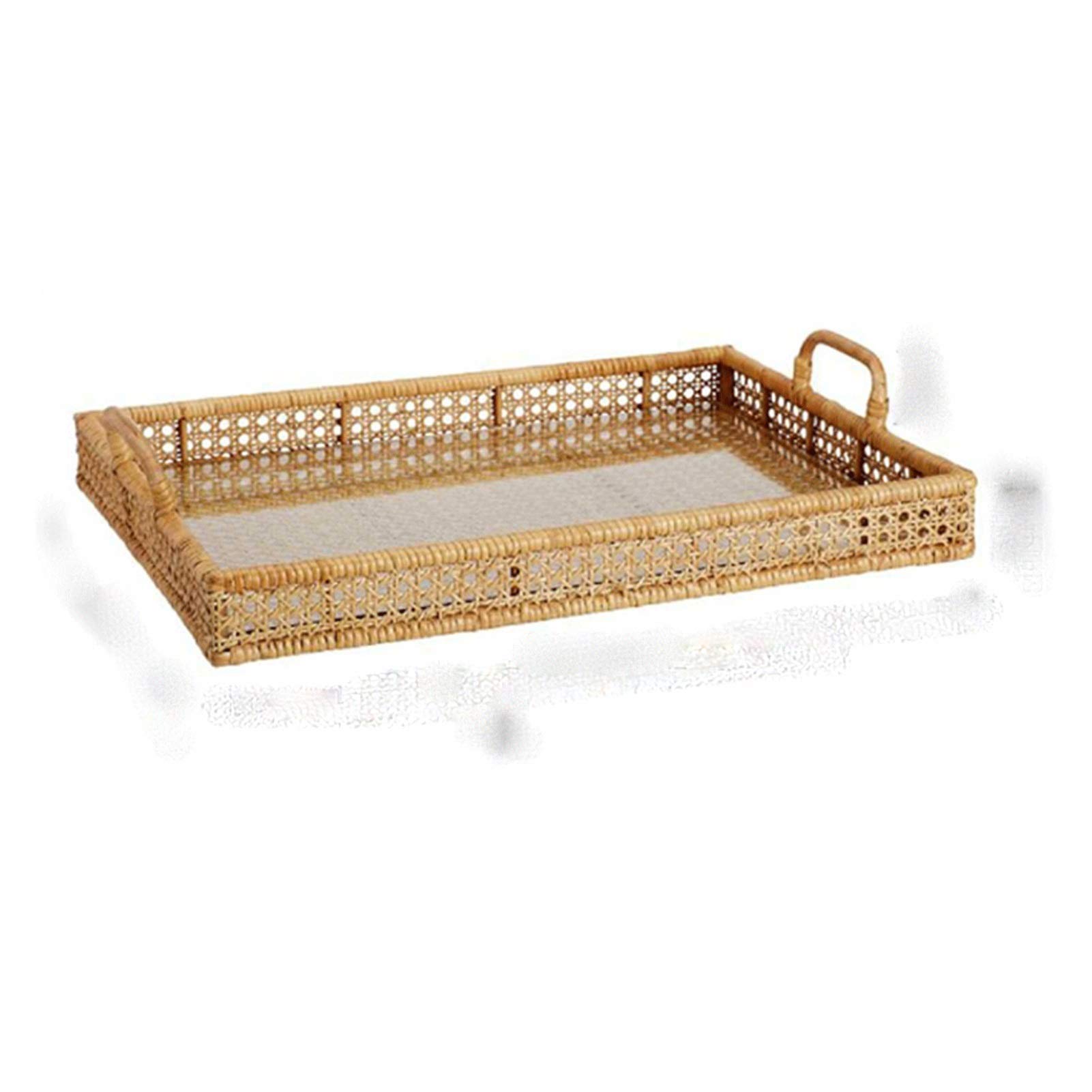 LAIQIAN Handmade Polygonal Rattan Tray with Handle - Decorative Vanity Mirror Tray for Jewelry & Cosmetics Organization (Large Size, Natural Color) | Perfect for Bathroom, Bedroom & Dresser Decor