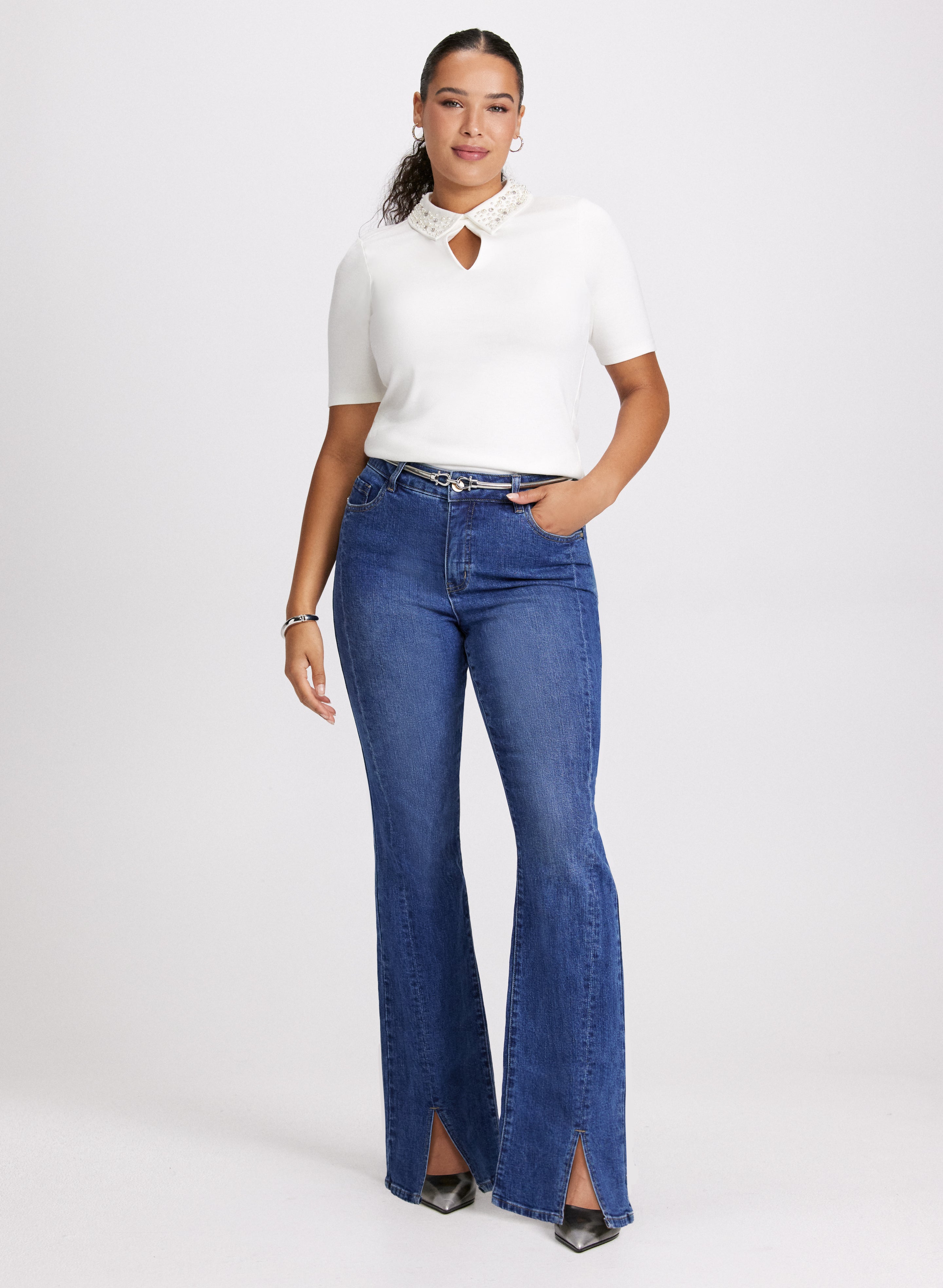 Embellished Collar Blouse & High-Waisted Flared Jeans Set | Women's Fashion Outfit for Casual Wear, Date Night & Office Looks