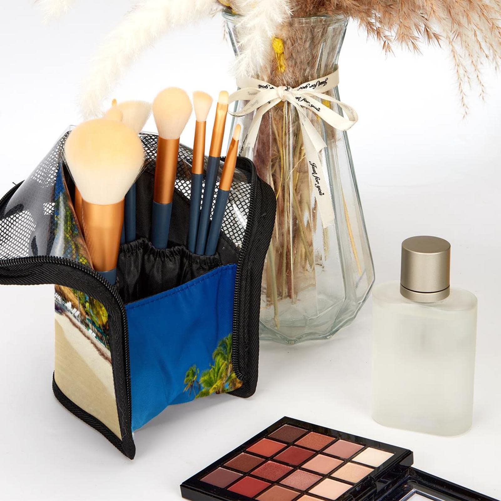 Premium 12-Piece Makeup Brush Organizer Bag with Tropical Beach Design - Portable Waterproof Cosmetic Brush Holder Case for Travel, Home & Professional Makeup Artists