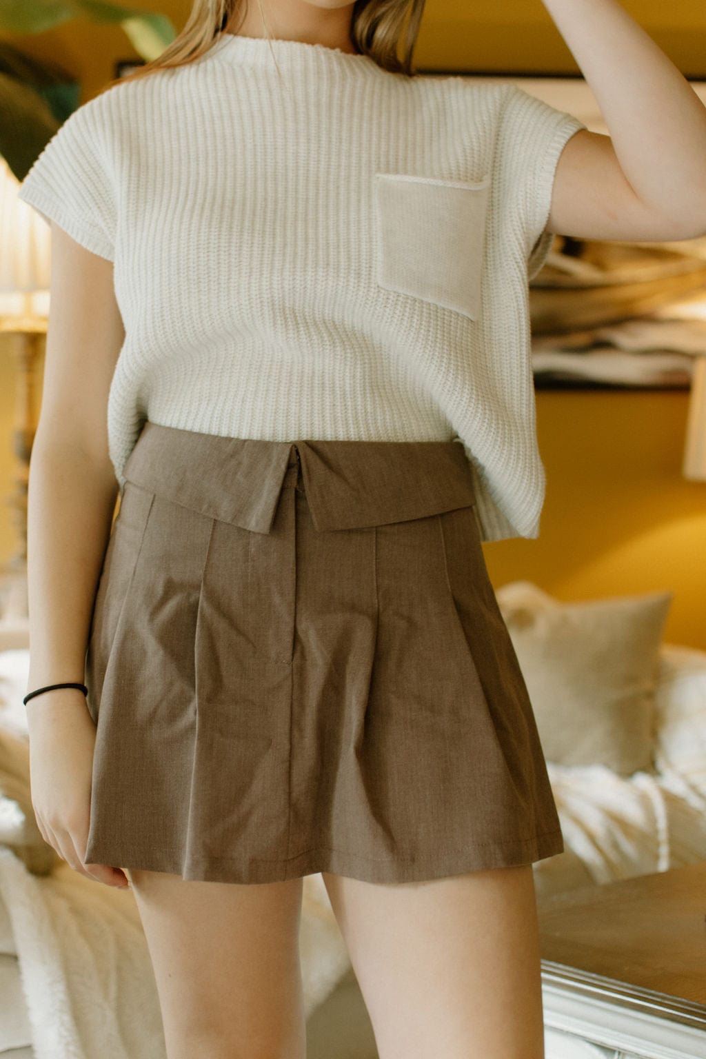 Stylish Pecan Pleated Tailored Mini Skort for Women - Trendy High Waist Tennis Skirt with Shorts - Perfect for Workouts, Golf, Tennis & Casual Wear