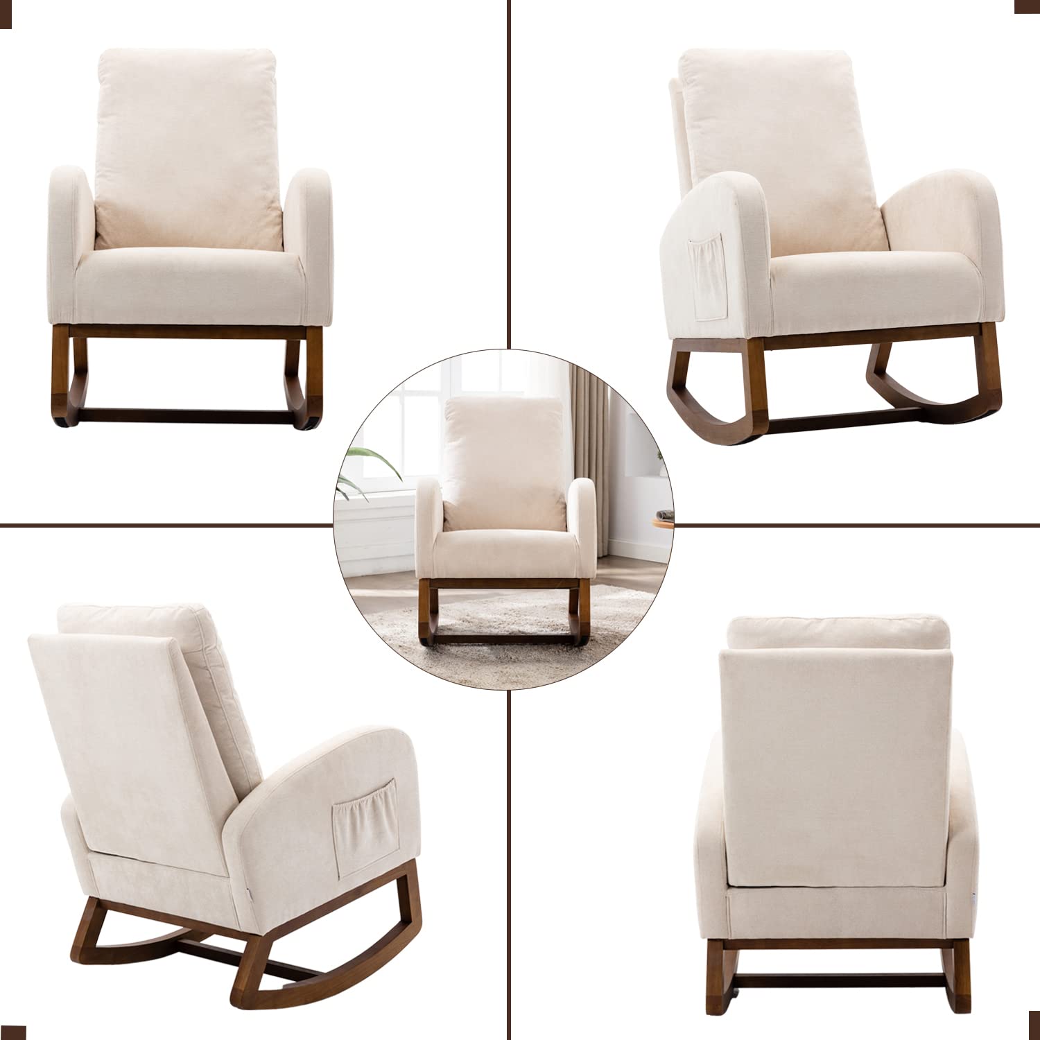Antetek Modern Upholstered Rocking Chair - Nursery Glider Rocker for Baby & Kids, Comfortable High-Back Armchair with Side Pocket, Perfect for Living Room, Nursery & Lounge (Beige) | Ideal for Breastfeeding, Reading & Relaxing