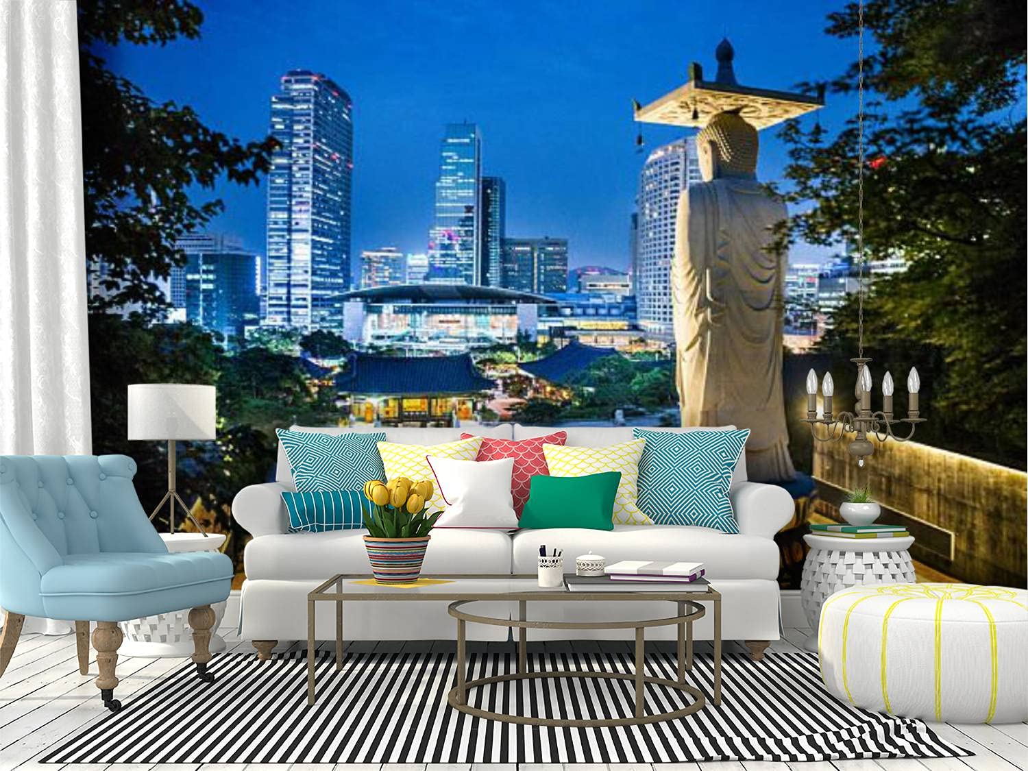 RECETHROWS Peel and Stick Wallpaper - Bongeunsa Temple & Seoul WTC Skyline Mural - Self-Adhesive Removable Vinyl Film for Walls - Large Wall Sticker for Home Decor, Bedroom, Living Room, Office