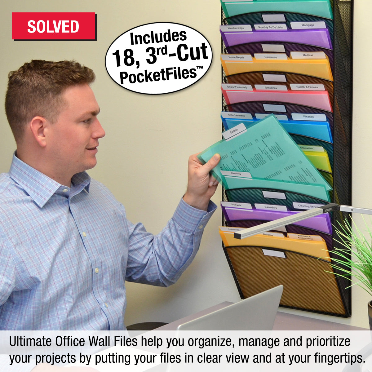 15-Tier Vertical Mesh Wall File Organizer - High Capacity Hanging File Sorter with 18 PocketFiles™ for Office Organization | Space-Saving Document Display Rack | Perfect for Home Office, Classroom & Workspace Storage