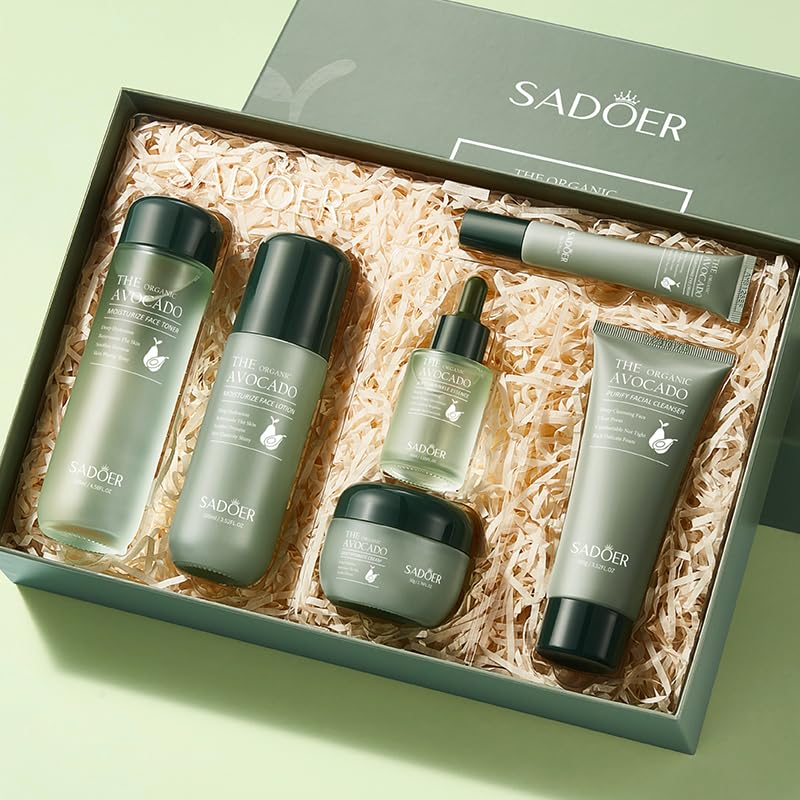 6Pcs Avocado Skincare Gift Set for Women - Hydrating Facial Cleanser, Serum, Cream, Eye Cream, Toner & Moisturizing Lotion | Complete Daily Skincare Routine Kit for Dry & Sensitive Skin | Perfect Gift for Mother's Day & Self-Care