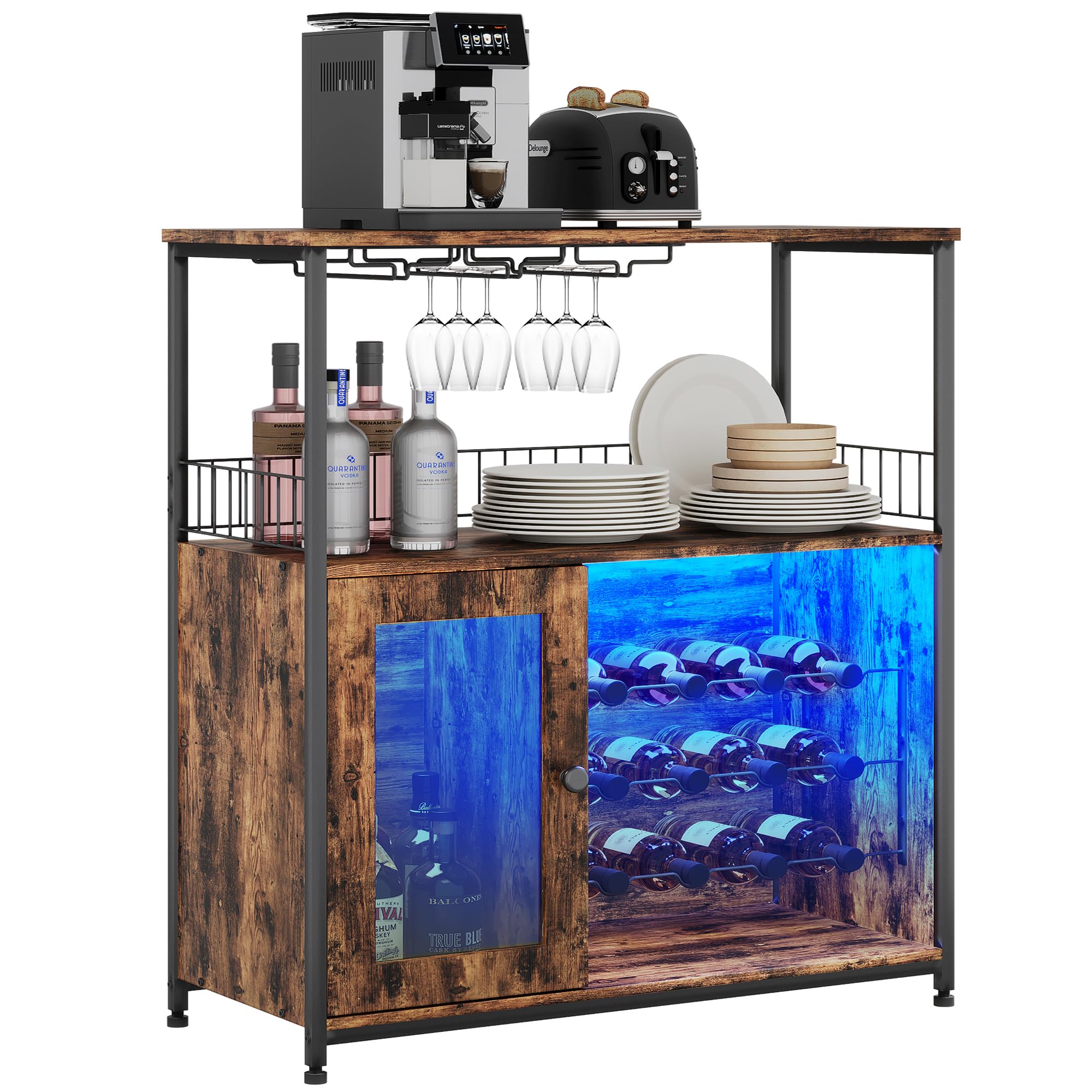 Modern Wine Bar Cabinet with LED Lighting & Glass Holder - Elegant Home Bar with Wine Rack & Storage Shelf for Living Room, Dining Room | Perfect for Entertaining Guests & Wine Storage