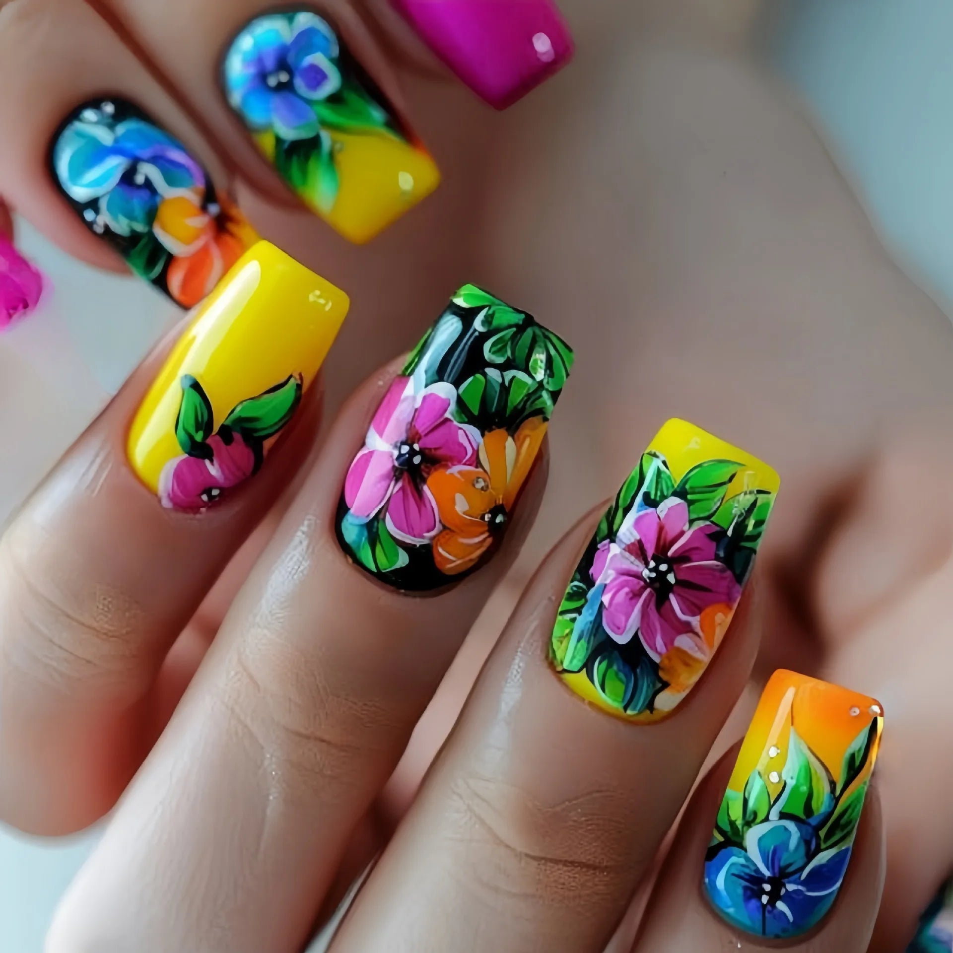 24Pcs Press on Nails - Medium Length Square Blue Coffin Fake Nails with Floral Spring Design, Easy to Apply Glue-on Nail Tips for Women | Perfect for Parties, Weddings & Daily Wear