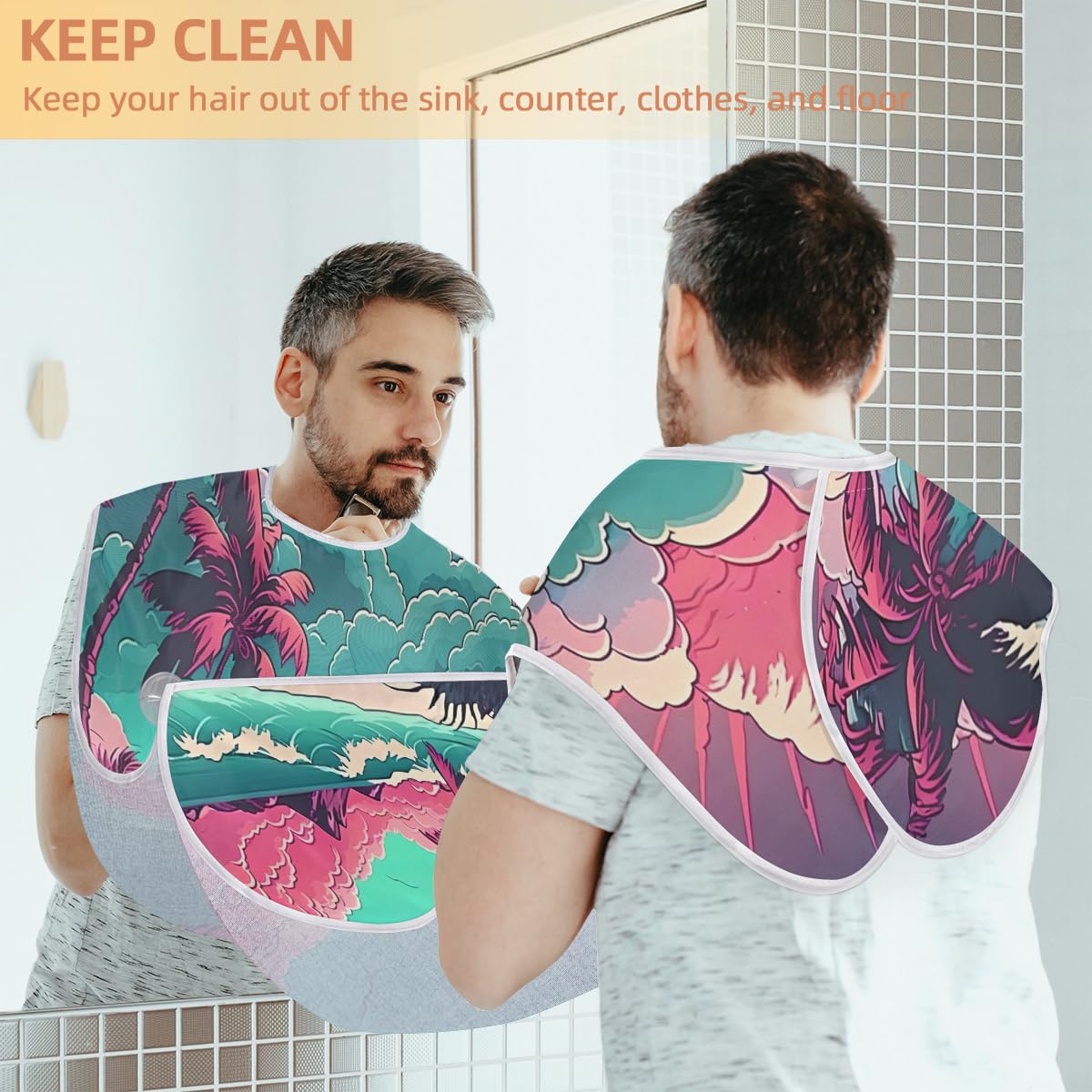 Colorful Palm Tree Beard Shaving Bib for Men - Waterproof Hair Dye Apron & Barber Cape for Haircut, Beard Trimming & Makeup - Sink Hair Catcher & Styling Tool - Perfect for Home Grooming & Salon Use