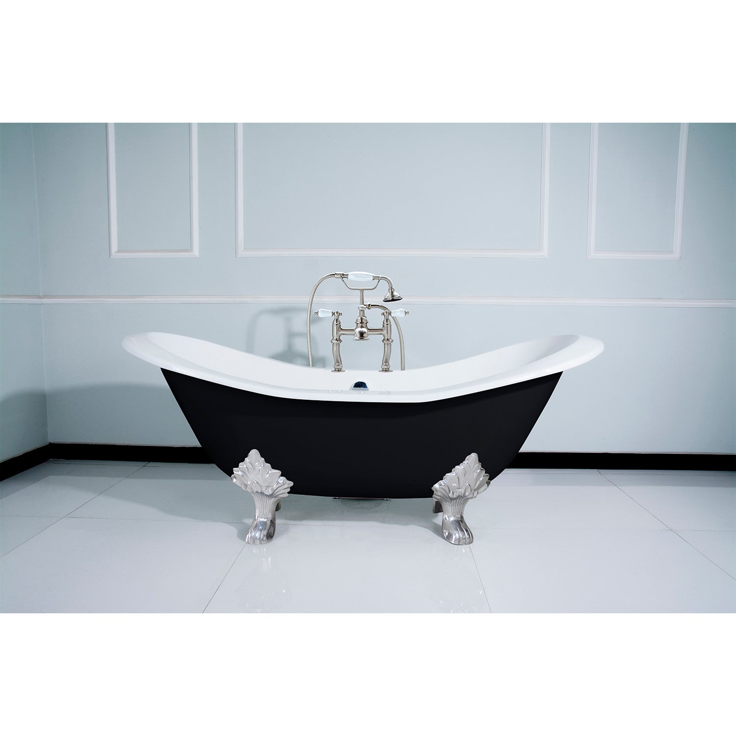 72 Inch Cast Iron Oval Double Slipper Clawfoot Bathtub - Aqua Eden VBT7D7231NC1 with 7 Inch Faucet Drillings in Black, White & Polished Chrome | Vintage Bathroom Centerpiece for Luxury Spa Retreats & Classic Home Renovations