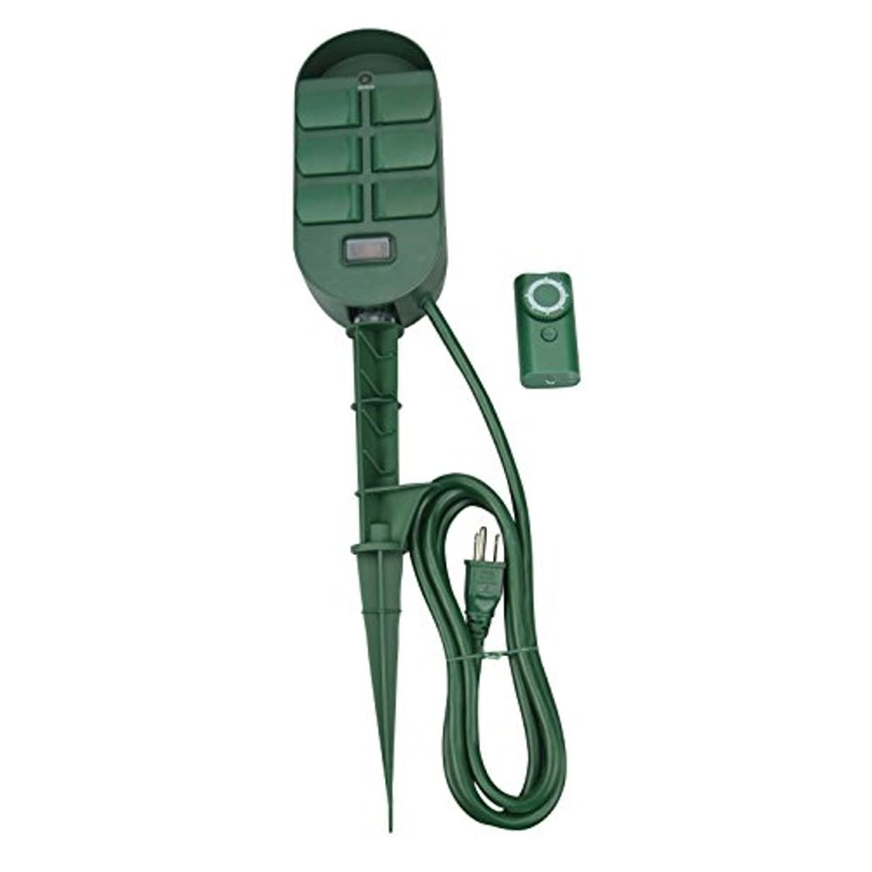 Woods 59785WD 6-Outlet Outdoor Yard Stake Timer with Photocell & Wireless Remote Control - Green & White | Perfect for Landscape Lighting, Holiday Decorations & Garden Power Management