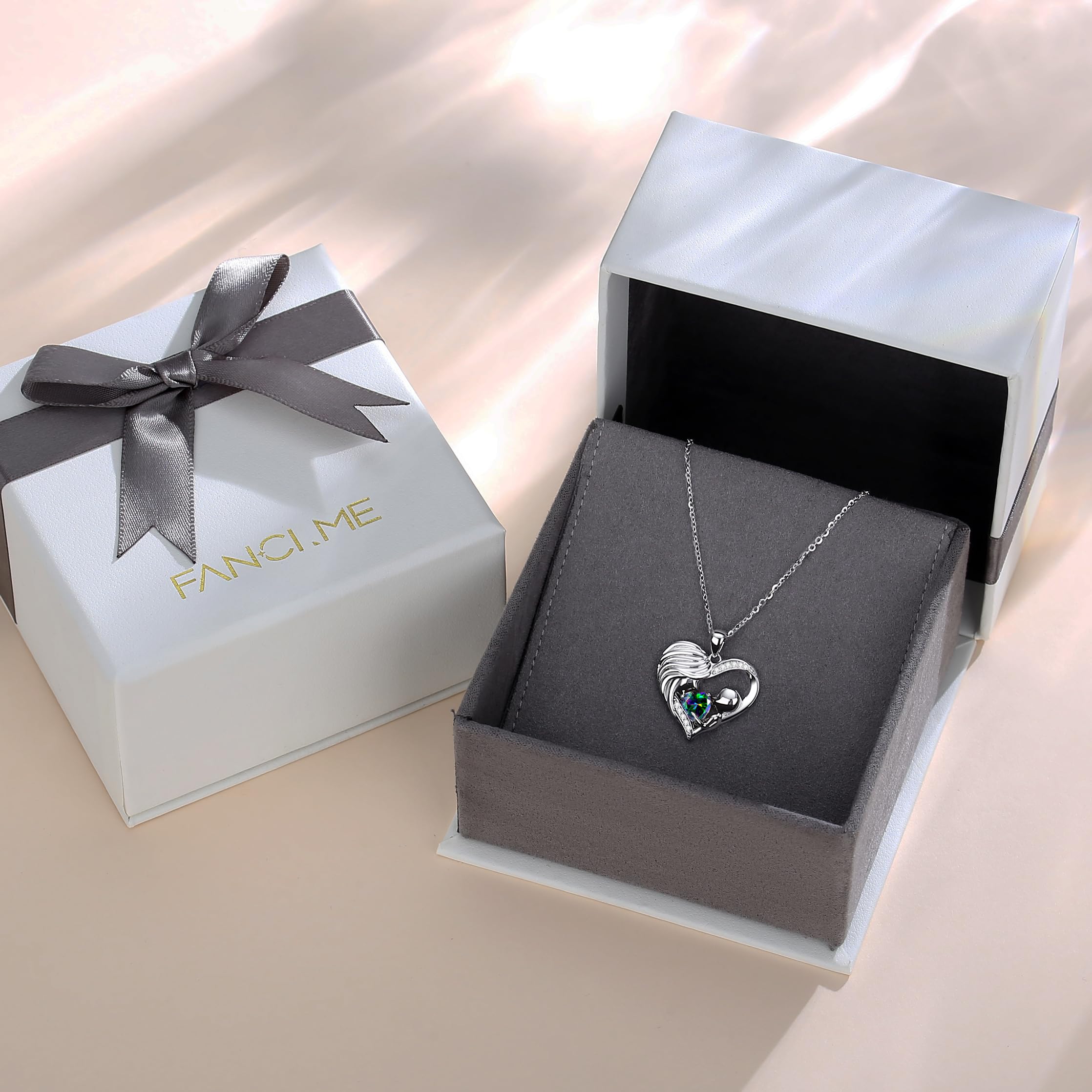 FANCIME Birthstone Necklace for Mom - Mother & Child Heart Pendant Jewelry, I Love You Mom Gift, 16