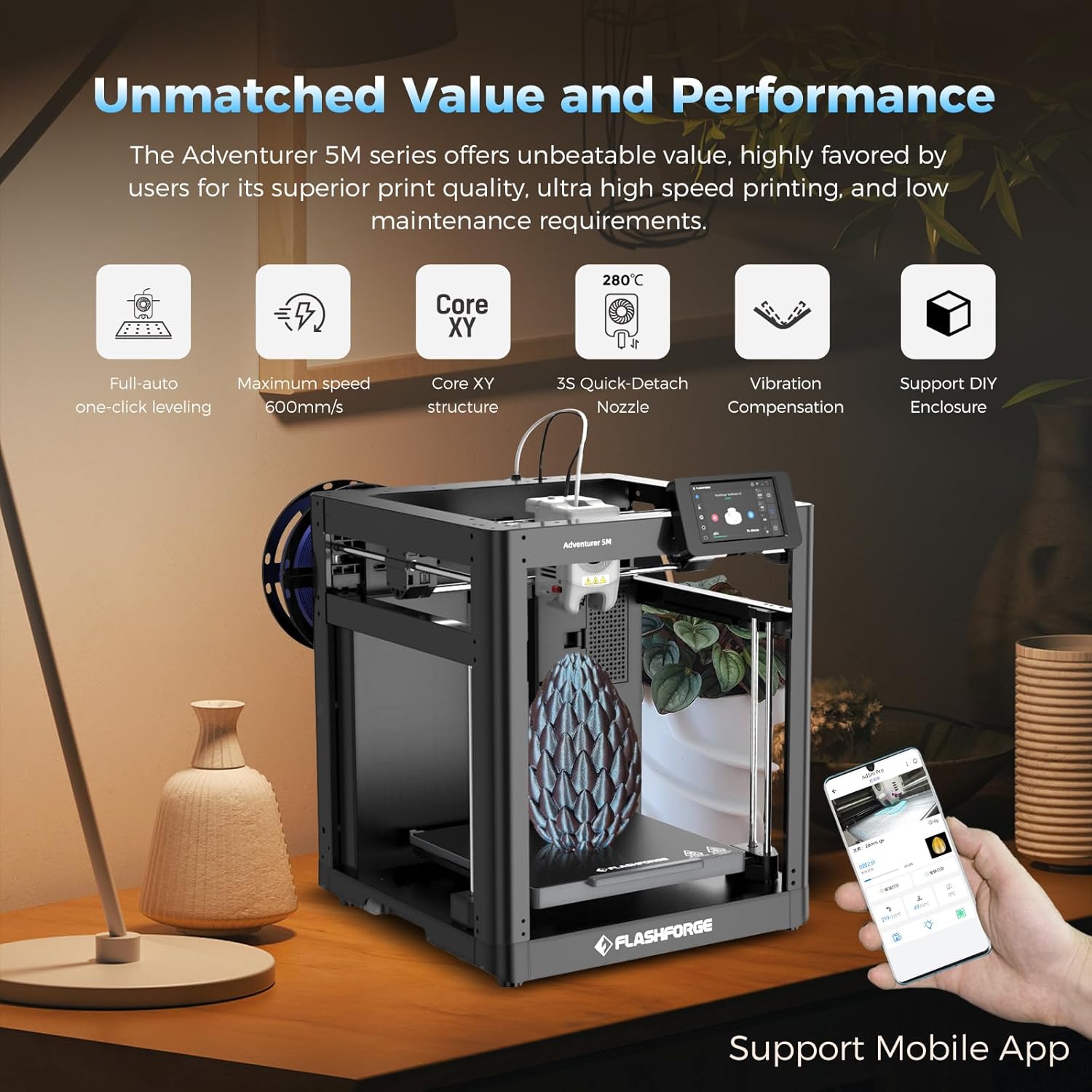 Flashforge Adventurer 5M 3D Printer - Auto Leveling, 600mm/s High Speed, 280°C Direct Extruder, 3S Detachable Nozzle, Core XY Metal Structure, 220x220x220mm Build Volume - Perfect for Home DIY, Prototyping & Educational Projects