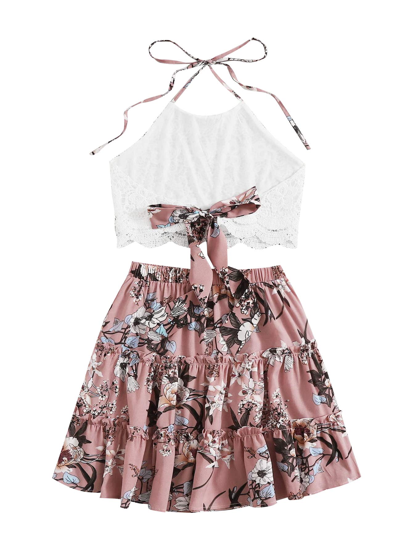 LYANER Women's 2 Piece Outfit Summer Lace Halter Cami Crop Top with Floral Mini Skirt Set - Sexy Floral Print Matching Set for Beach, Vacation & Date Night Outfits