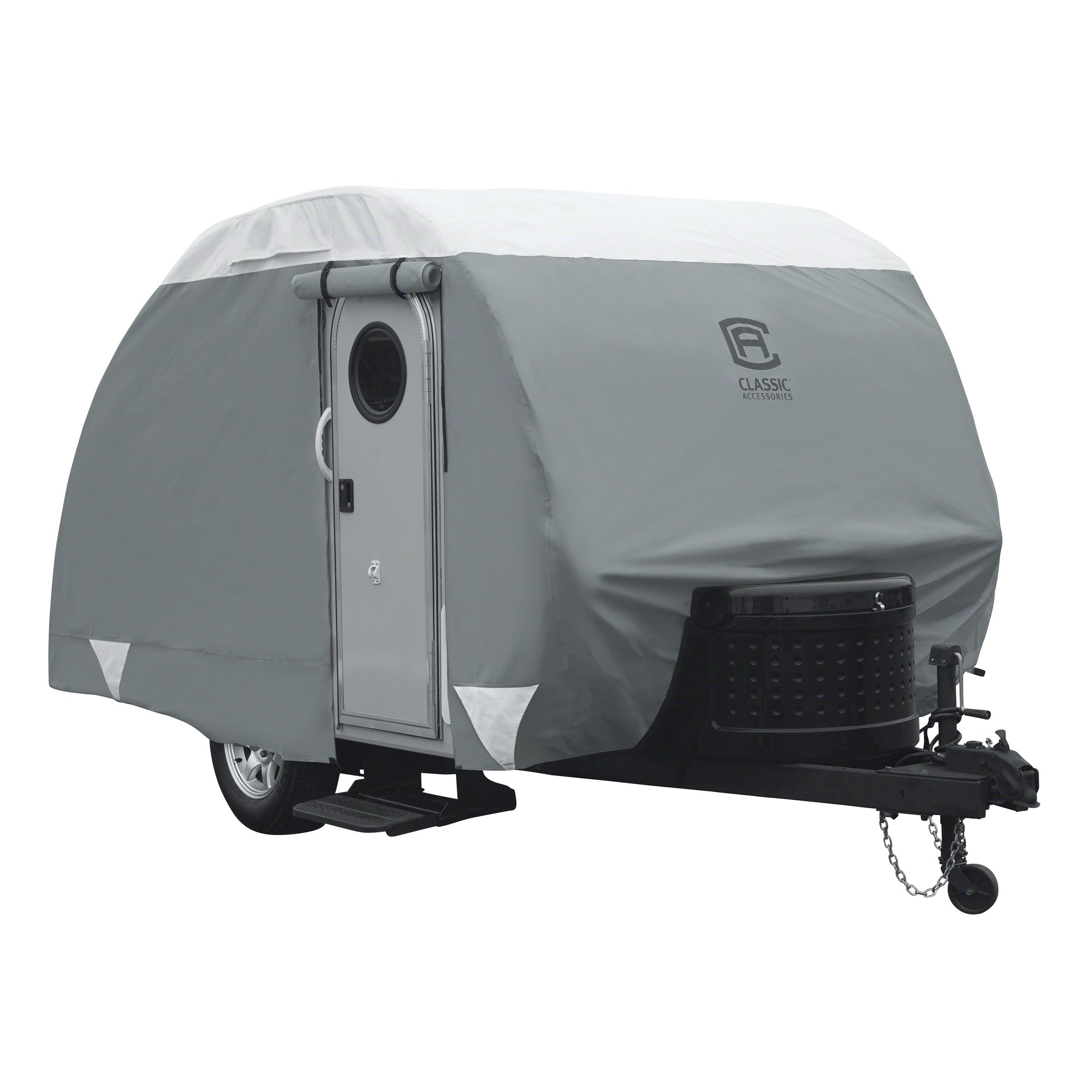 Classic Accessories Over Drive PolyPRO3 Deluxe Sloped Travel Trailer Cover 19-21 Feet Waterproof UV Protection Grey Snow White - Perfect for RV Camper Storage & Outdoor Travel Protection