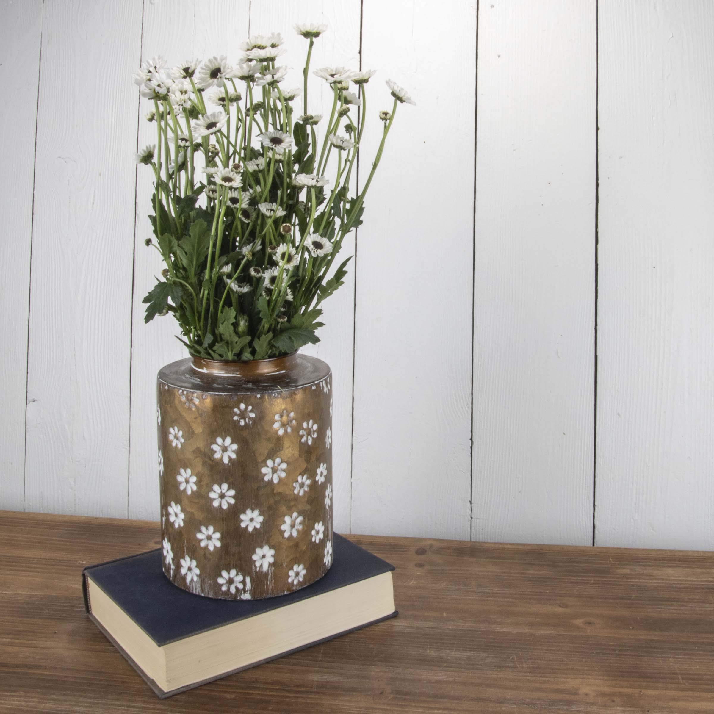 Rustic Whitewashed Floral Galvanized Metal Decorative Vase - Medium Brass Farmhouse Style Home Decor for Living Room, Bedroom, or Wedding Centerpiece