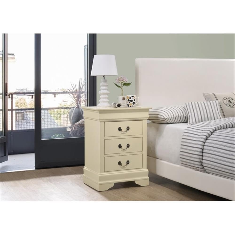 Glory Furniture Louis Phillipe 3-Drawer Nightstand in Beige - Elegant Bedside Table for Bedroom Decor & Storage | Perfect for Master Bedroom, Guest Room, or Apartment