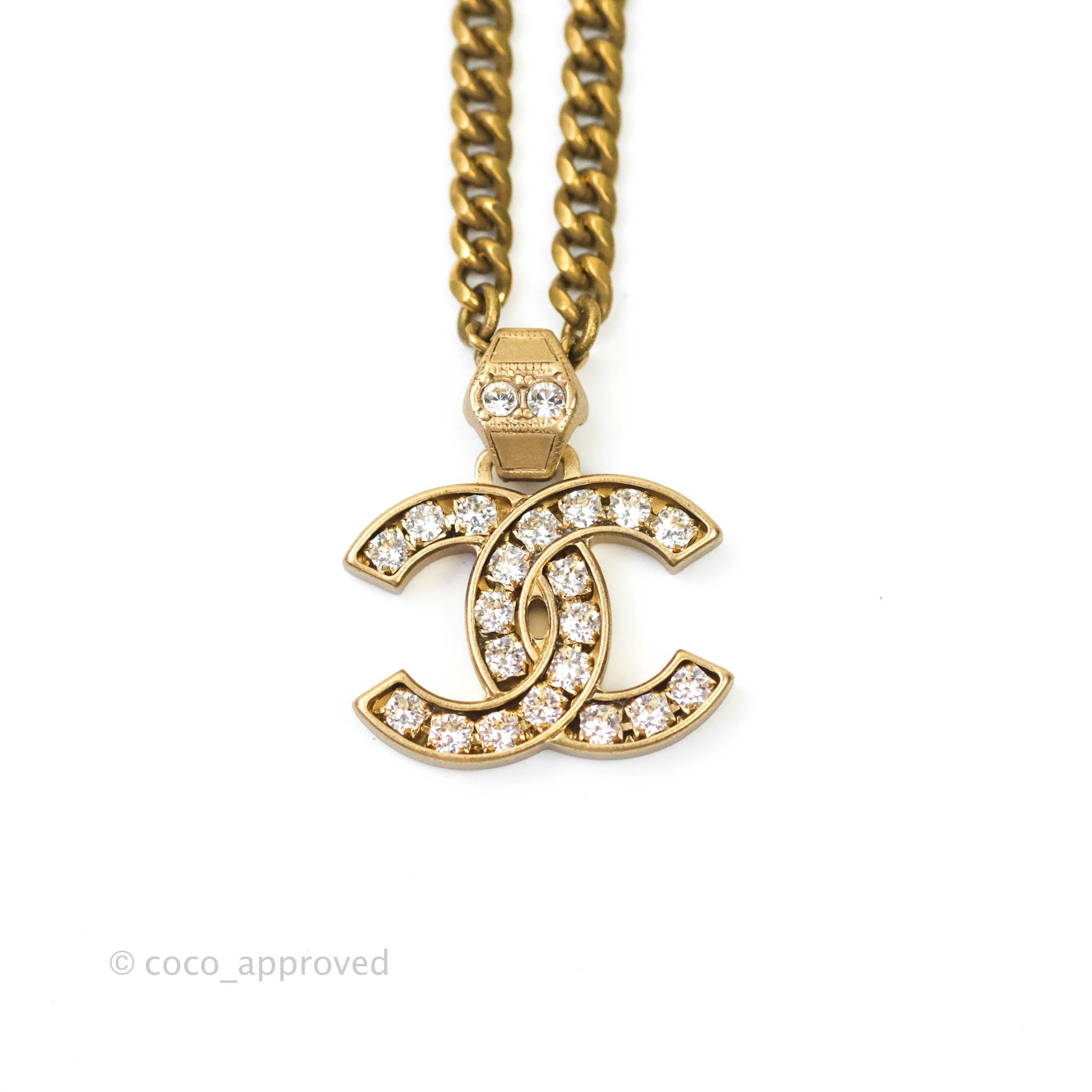Chanel CC Crystal Pendant Chain Necklace in Matte Gold Tone - Elegant 21C Collection for Women | Perfect for Evening Parties, Weddings & Special Occasions