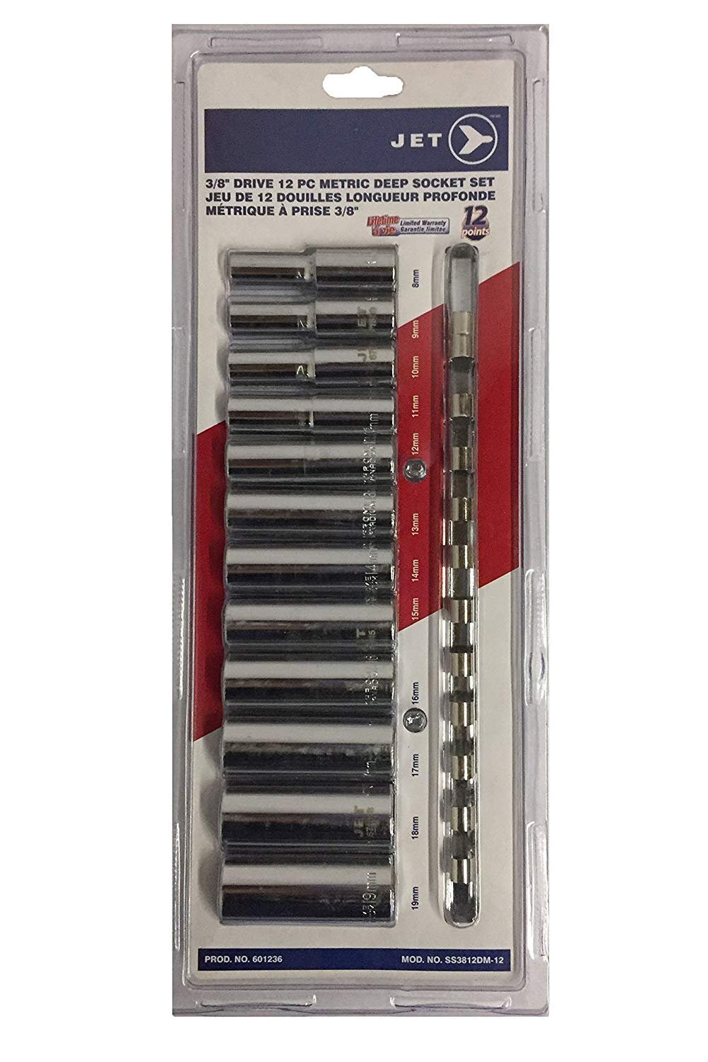 JET 601236 12-Piece 3/8-Inch Drive Metric Deep 12-Point Chrome Socket Set - Perfect for Automotive Repair, Machinery Maintenance & DIY Projects