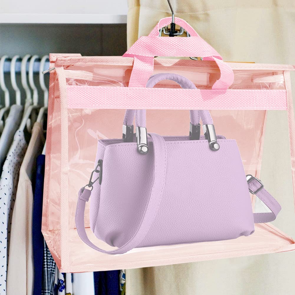 12 Pack Clear Dust Bags for Handbags - Waterproof Purse Storage Organizer with 12 Hooks, 4 Sizes Dust Cover Protector for Closet Organization (Pink) | Perfect for Travel, Home Storage & Luxury Bag Protection