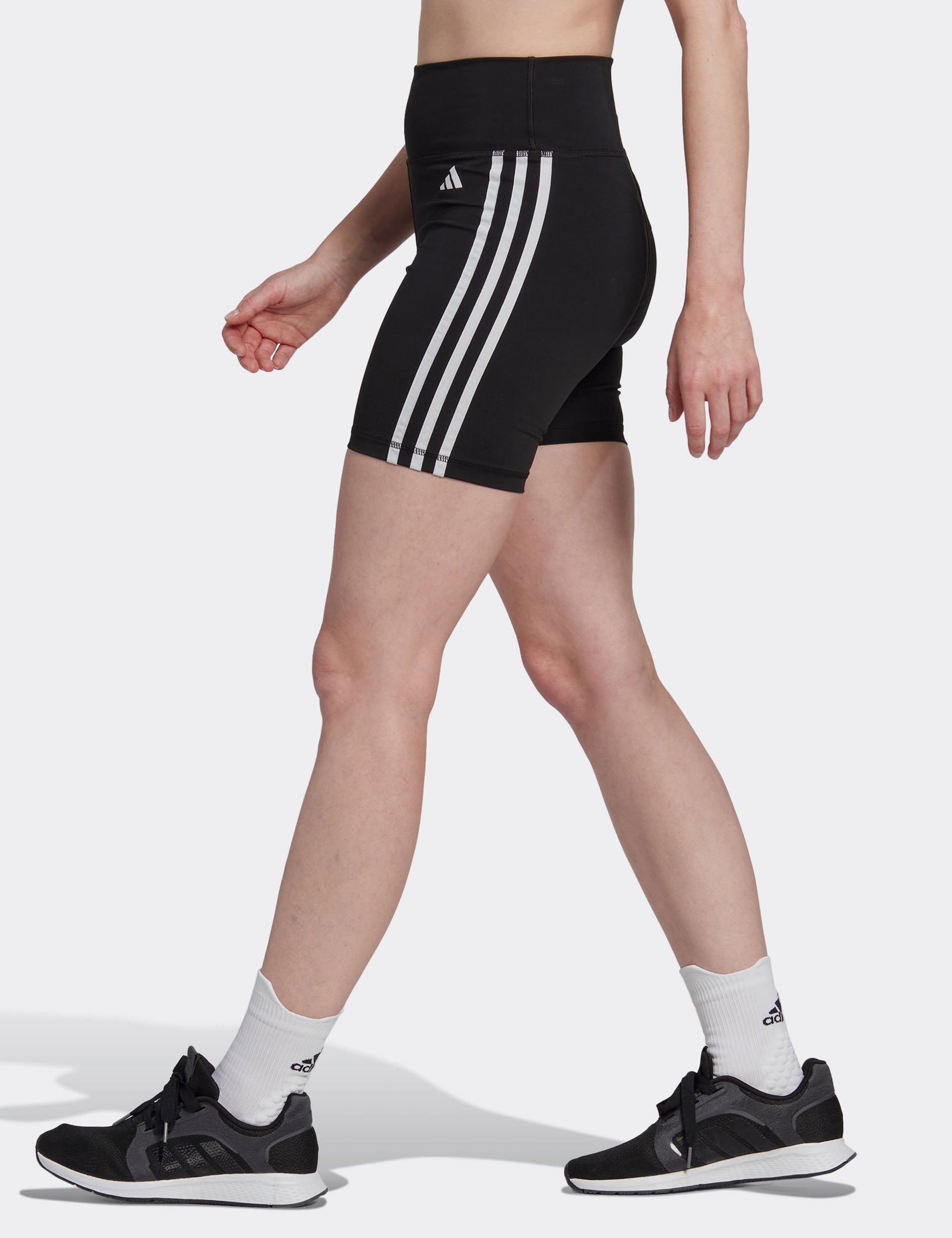 High Waisted Short Leggings with 3 Stripes - Women's Workout Training Essentials in Black | Perfect for Yoga, Running & Gym