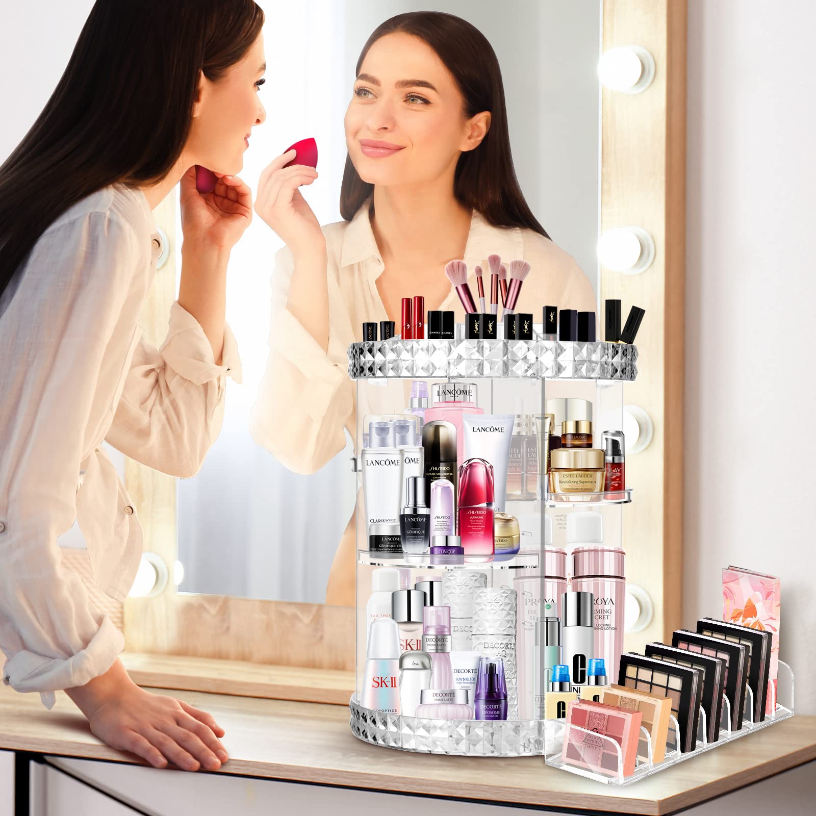 360° Rotating Makeup Organizer Set - Clear Acrylic Cosmetic Storage Box with Makeup Palette & Sponge Holder | Spinning Vanity Organizer for Perfumes, Brushes & Cosmetics | Perfect for Bedroom, Bathroom & Dressing Table Organization