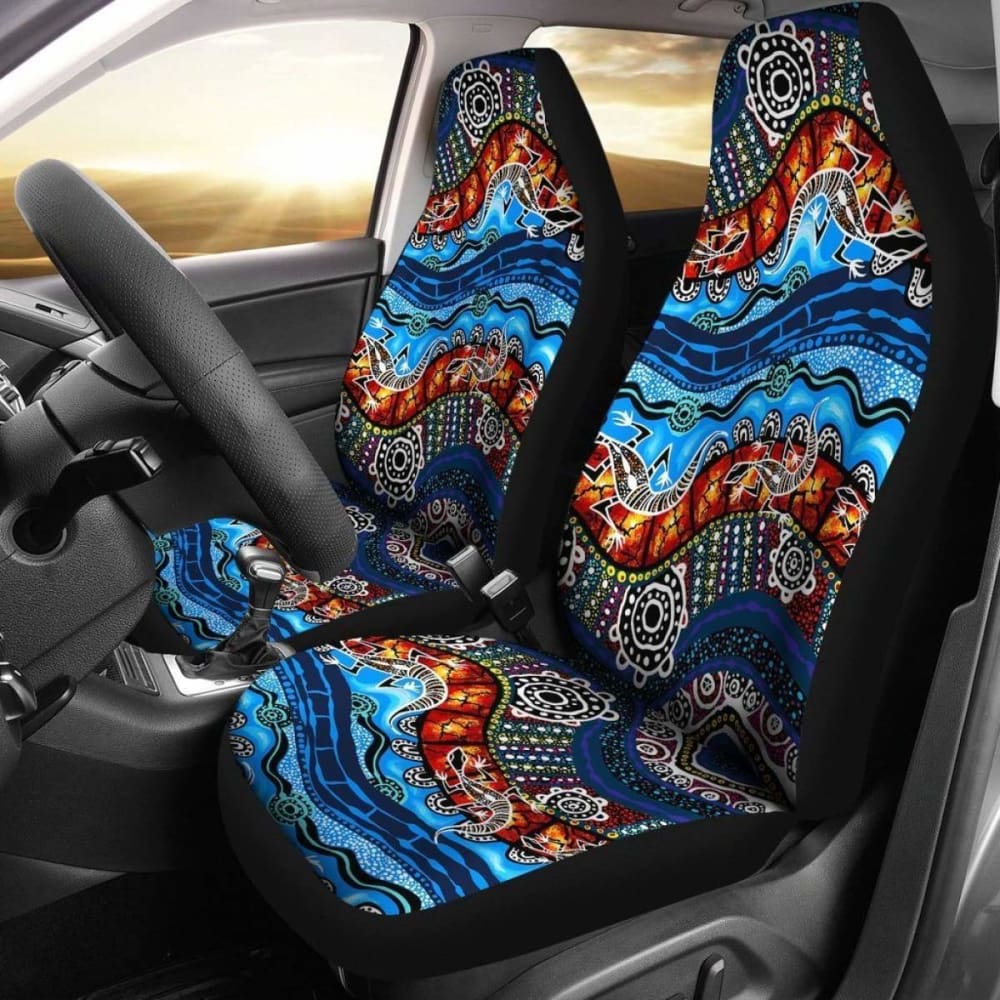 Australia Aboriginal Lizard Dot Painting Blue Wave Car Seat Covers - Premium Custom Fit for Sedans, SUVs & Trucks - Perfect for Road Trips & Daily Commutes