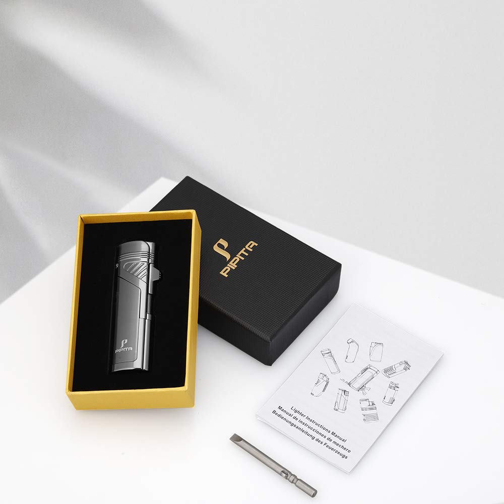 PIPITA Windproof Jet Quad Flame Torch Lighter for Cigars & Cigarettes - Refillable Butane Lighter with Punch Tool for Outdoor Use