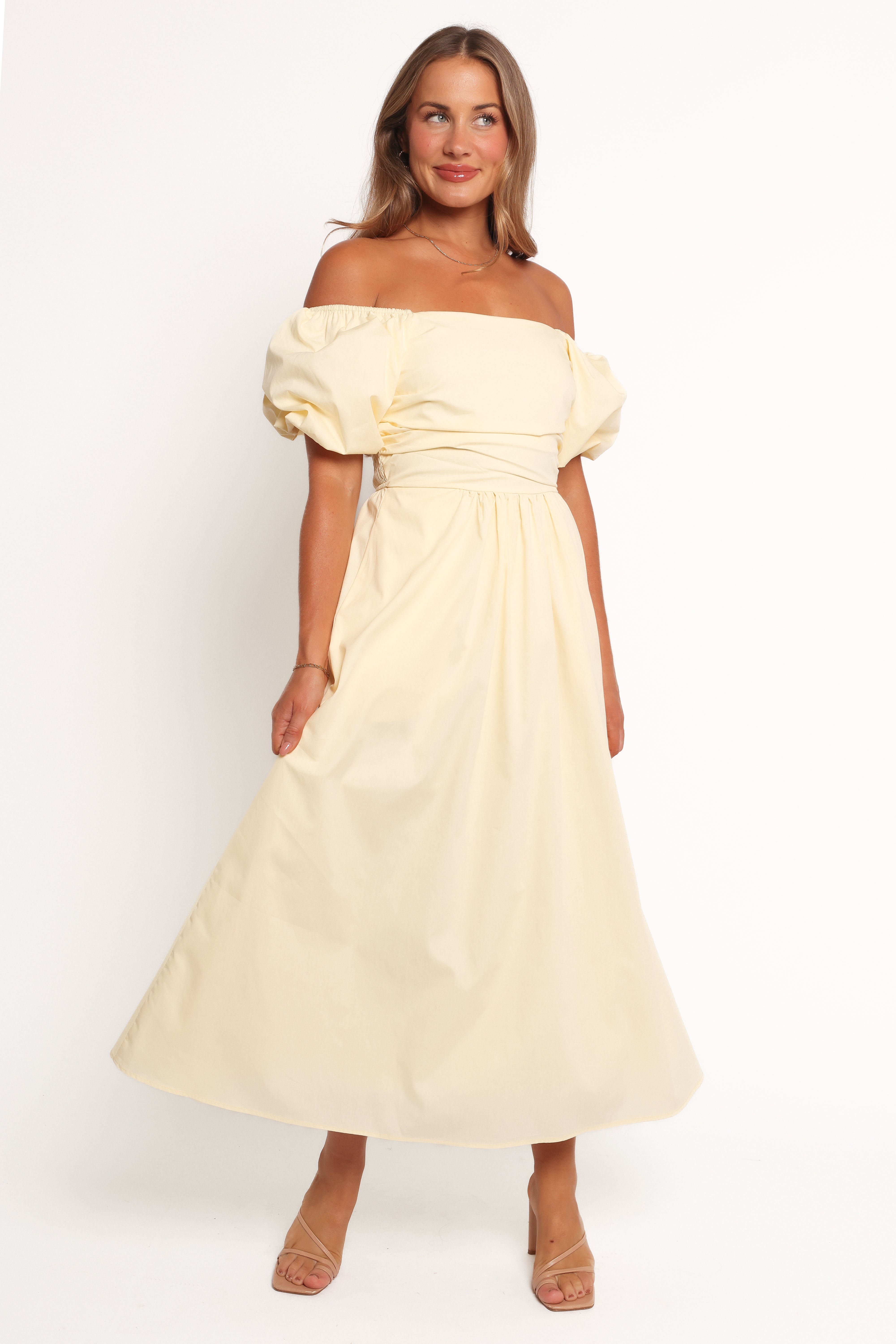 Elegant Yellow Clo Puff Sleeve Midi Dress for Women - Perfect for Summer Parties & Casual Outings