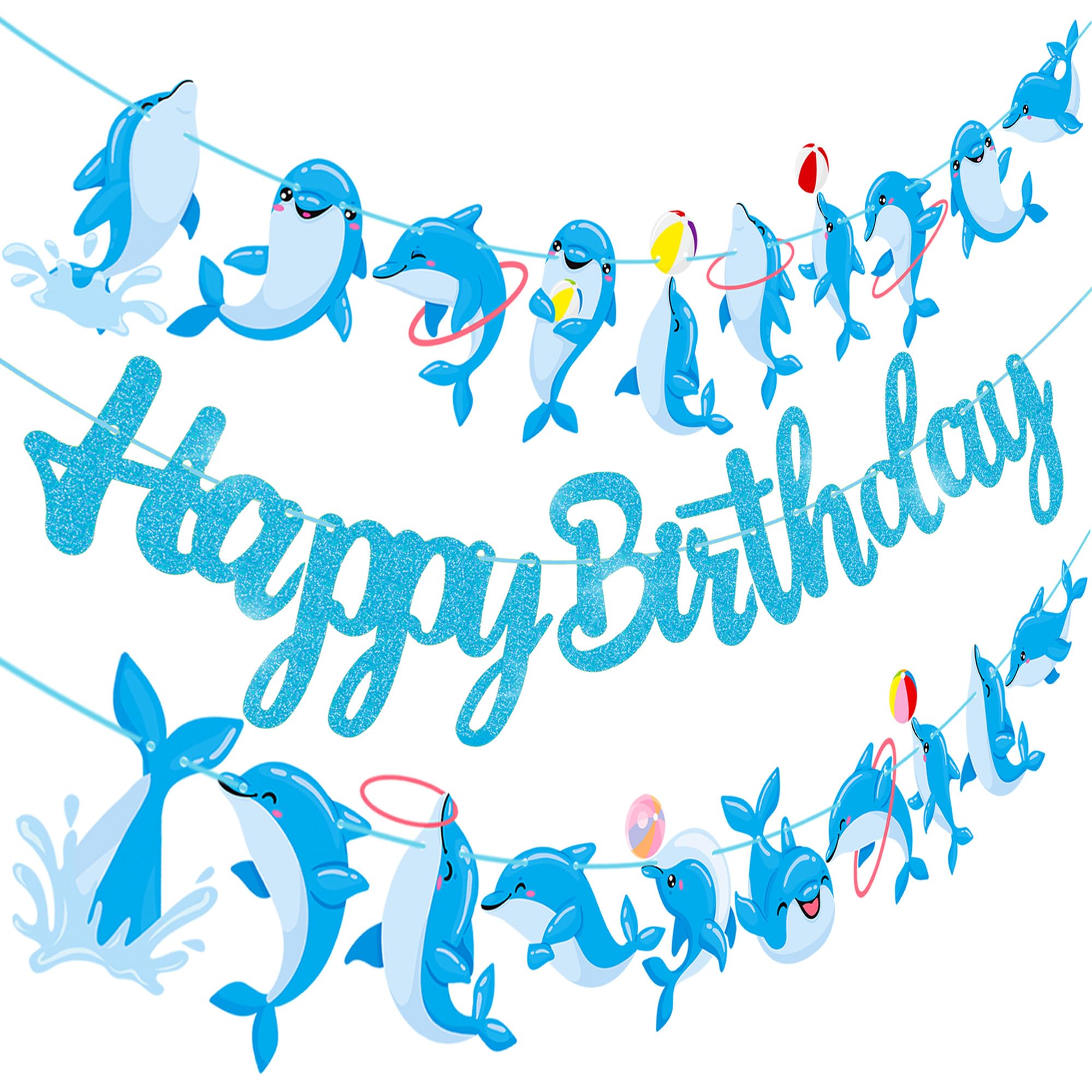 Blue Glitter Dolphin Happy Birthday Banner - Under the Sea Themed Party Decorations for Birthday & Baby Shower - Ocean Animal Theme Party Supplies (Perfect for Kids' Birthday Parties, Baby Showers & Nautical Events)