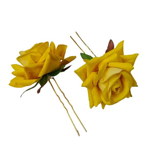 CIYA PLUS Yellow Bridal Hairpin - Handmade Rose Floral U-Shaped Hair Fork for Wedding, Bridesmaid & Special Occasions - Pack of 2 - Perfect for Bridal Bouquet, Updos & Vintage Hairstyles