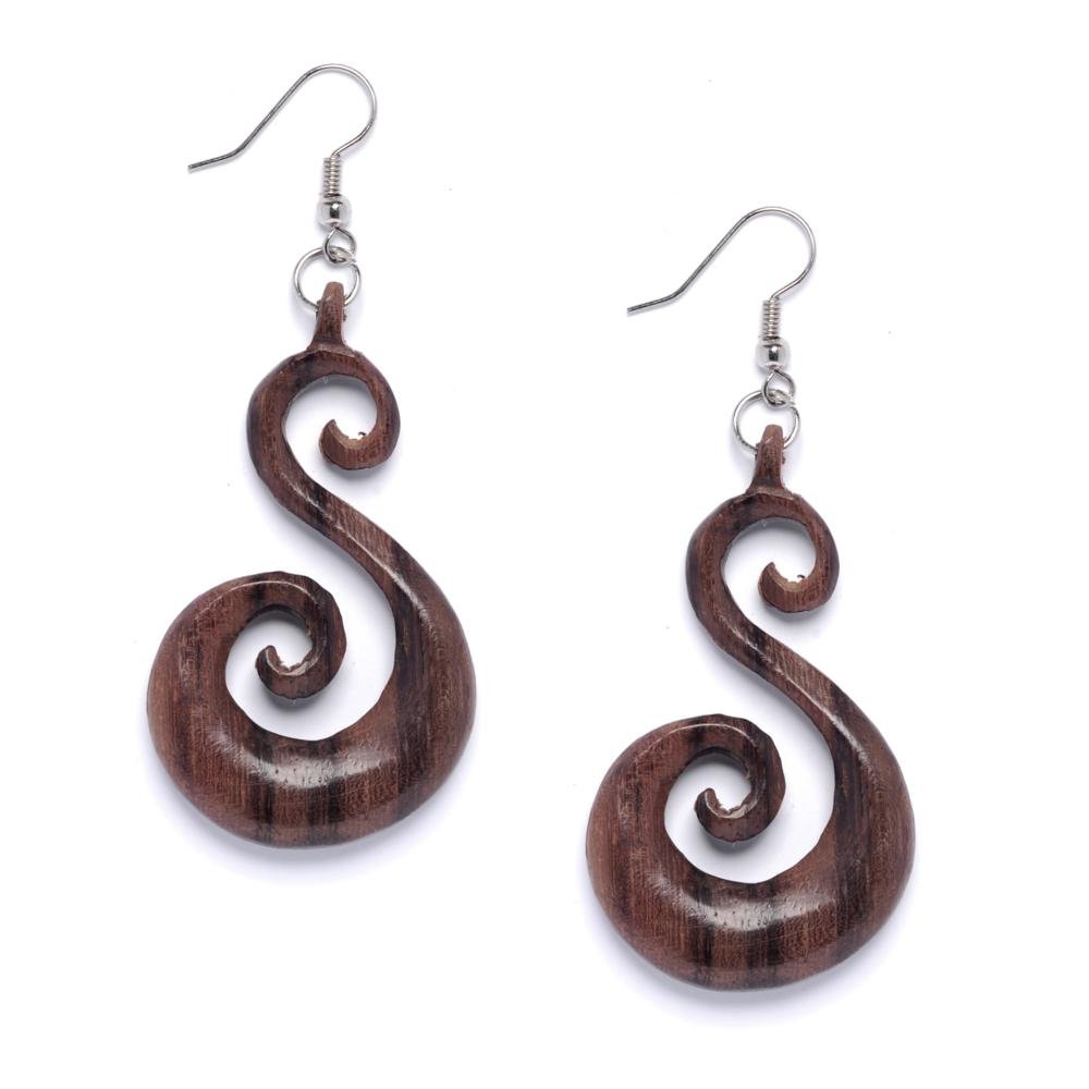 Handmade Spiral Wooden Earrings with 925 Sterling Silver Hooks - Tribal Swirl Wood Dangle Earrings for Women - Boho Chic Brown Jewelry - Perfect for Festivals, Parties & Everyday Wear