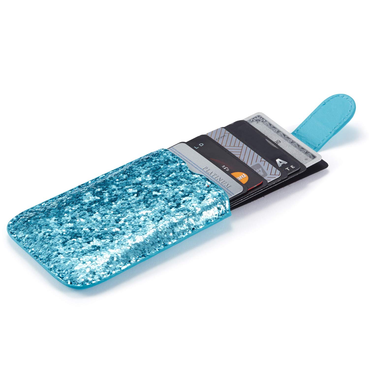RFID Blocking Glitter Phone Card Holder - Stretchable Adhesive Wallet for iPhone 16/15, Samsung Galaxy S24 Ultra/Note 20/A55/A74 - Credit Card & ID Organizer (Blue) | Perfect for Hands-Free Shopping, Travel & Daily Commute