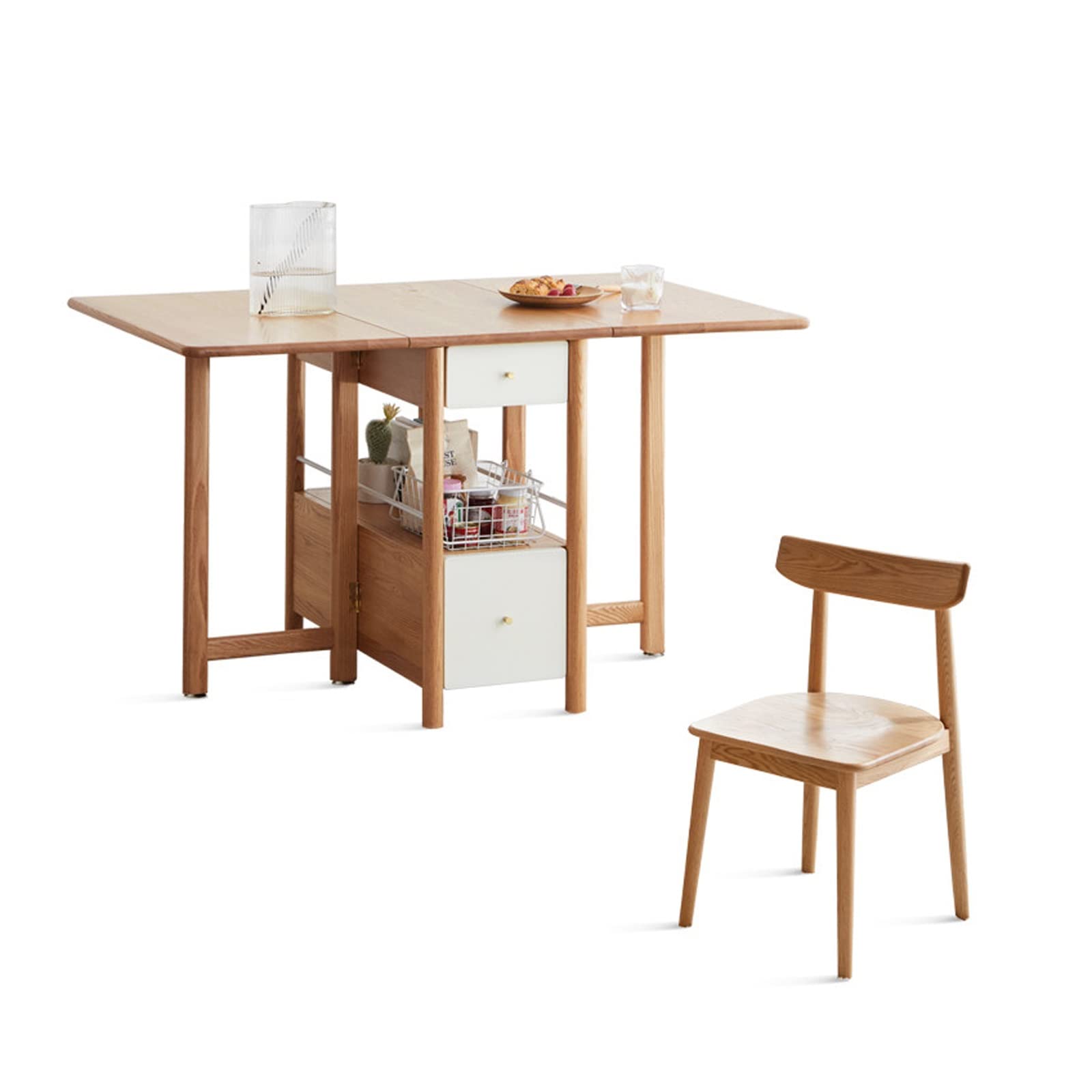 Foldable Solid Wood Drop Leaf Kitchen Dining Table with 2-Tier Storage Drawer & Shelf - Space Saving Collapsible Coffee Table for Small Apartments, Dorms, RV Living & Outdoor Entertaining