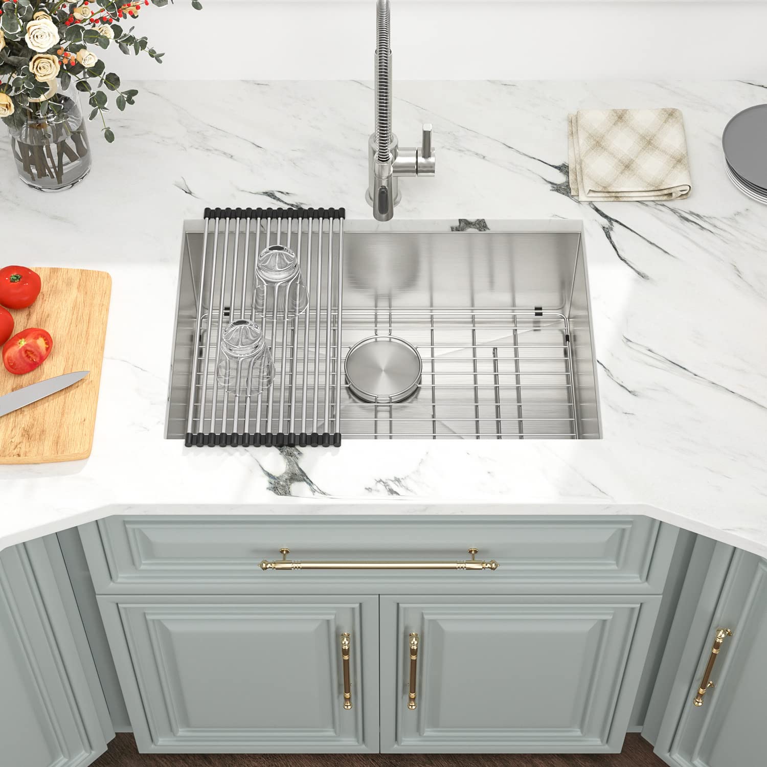 Kichae 28 Inch Undermount Kitchen Sink - 16 Gauge Stainless Steel Single Bowl with Round Corners, Perfect for Modern and Compact Kitchen Designs