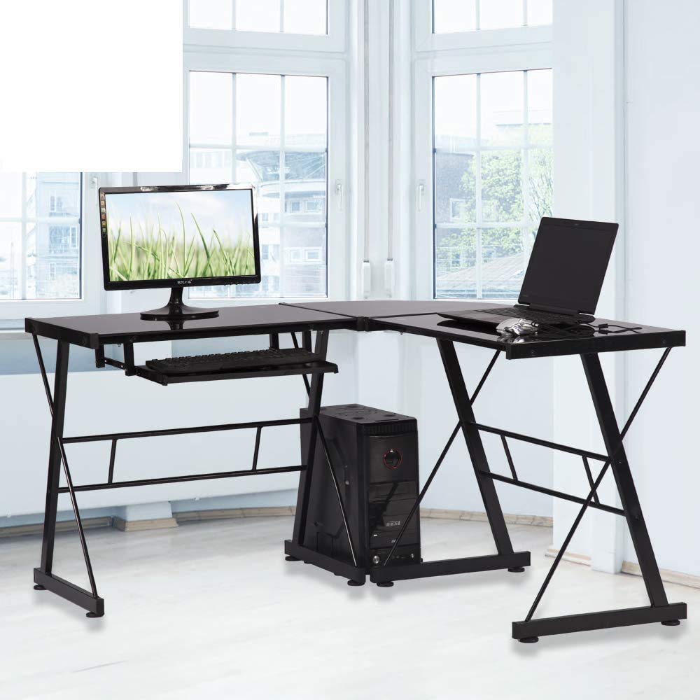 Bigacc Modern L-Shaped Desk - Sturdy Glass Computer Gaming Desk for Home Office & Study, Corner Workstation with Keyboard Tray & CPU Stand, Space-Saving Black Design - Perfect for Small Rooms, Gaming Setups & Remote Work