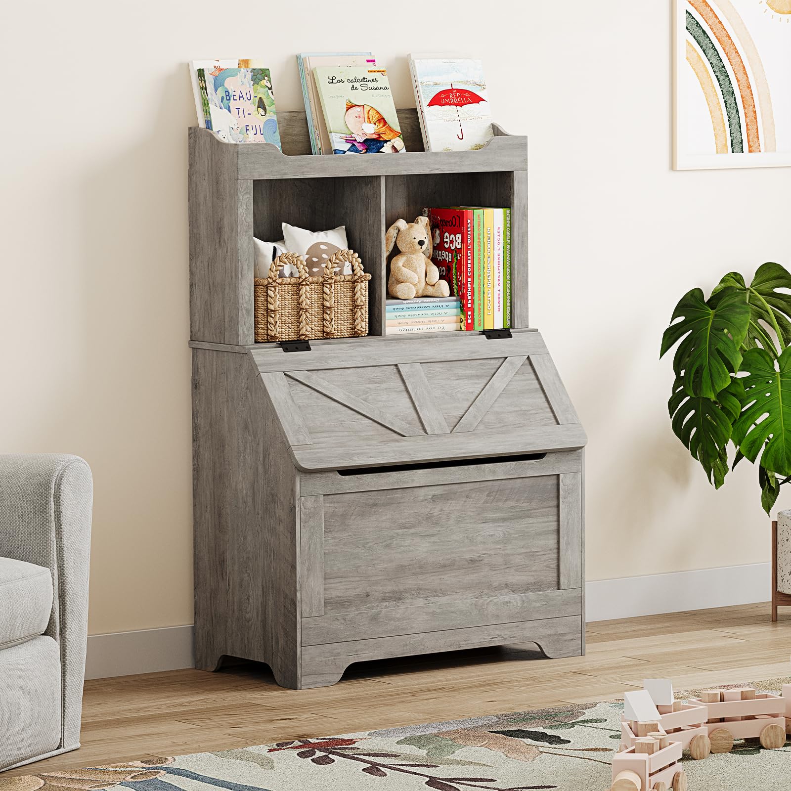 Wooden Kids Bookshelf and Toy Storage Organizer - Large Flip-top Toy Box with Cubby & 3-Tier Bookcase for Playroom, Bedroom, Nursery, Kindergarten - Perfect for Organizing Toys, Books & Kids' Belongings in Home & School