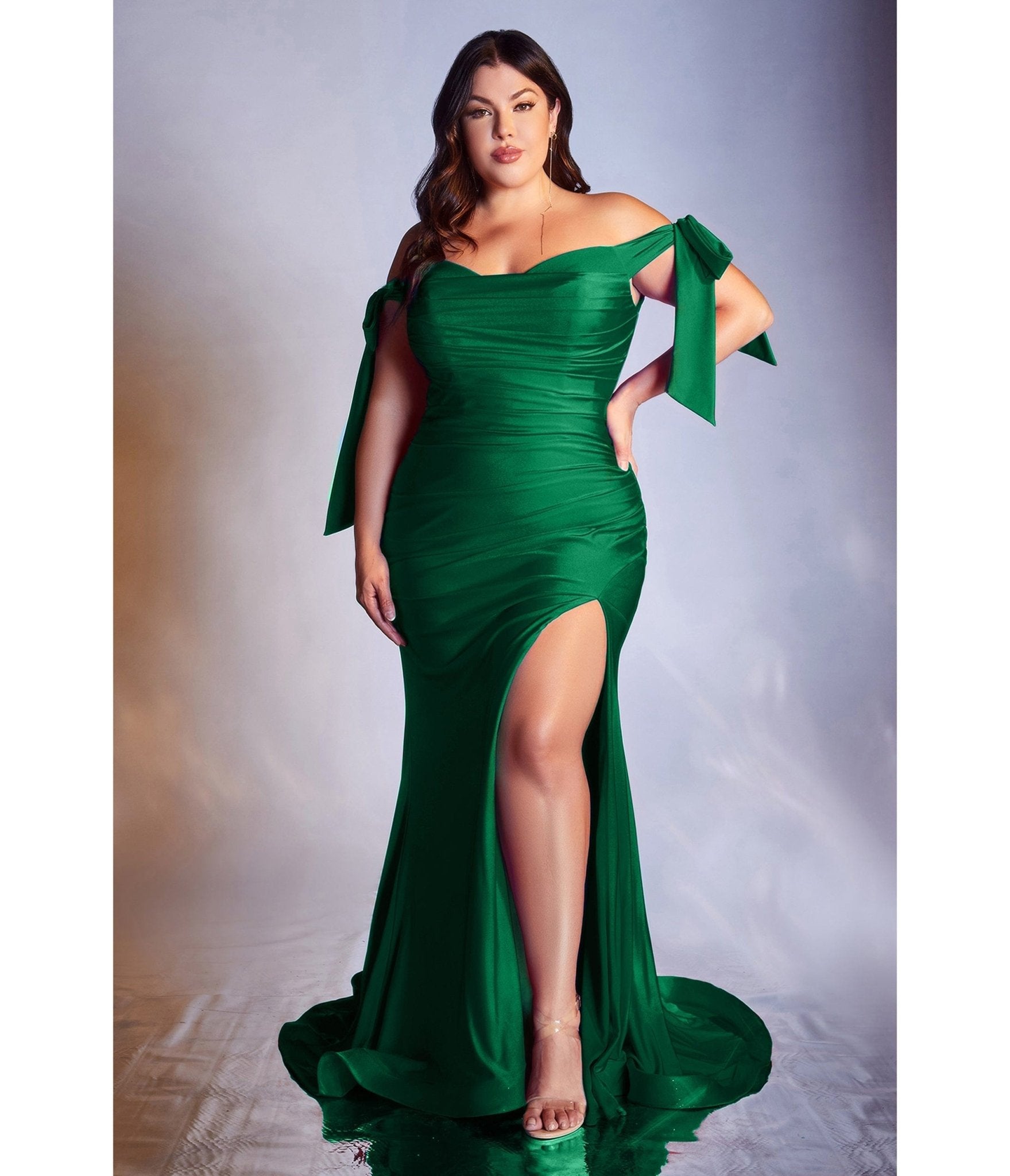 Ladivine by Cinderella Divine Plus Size Emerald Green Off The Shoulder Tie Bridesmaid Dress for Weddings, Prom, Formal Events & Special Occasions