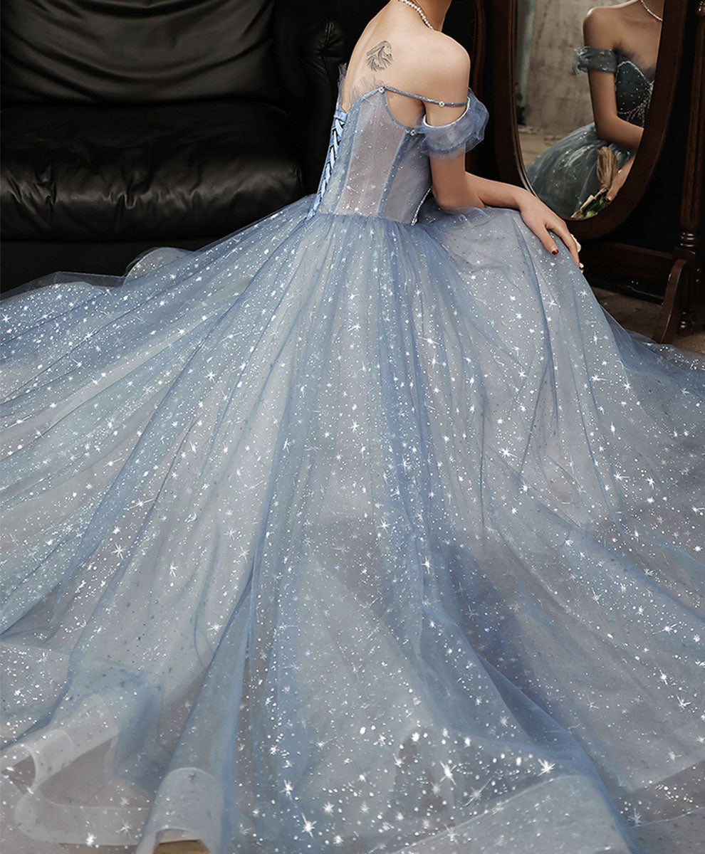 Elegant Blue Tulle Beaded Long Prom Dress with Sequin Details - Perfect for Sweet 16, Homecoming, and Formal Evening Events