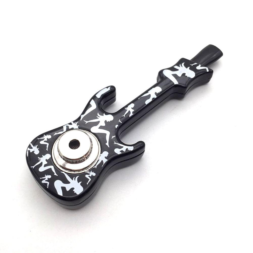 Creative Skull Printed Metal Guitar Pipe - Detachable Portable Smoking Pipe with Cover & Mesh Screen | Perfect for Travel, Camping & Outdoor Use