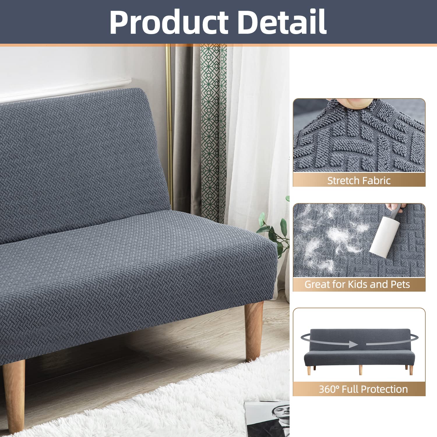 100% Waterproof Futon Covers - Leakproof Armless Sofa Covers with Stretch Jacquard Fabric | Washable Sofa Bed Slipcover for Kids, Pets, Dogs & Cats | Perfect for Living Room, Bedroom & Pet-Friendly Homes