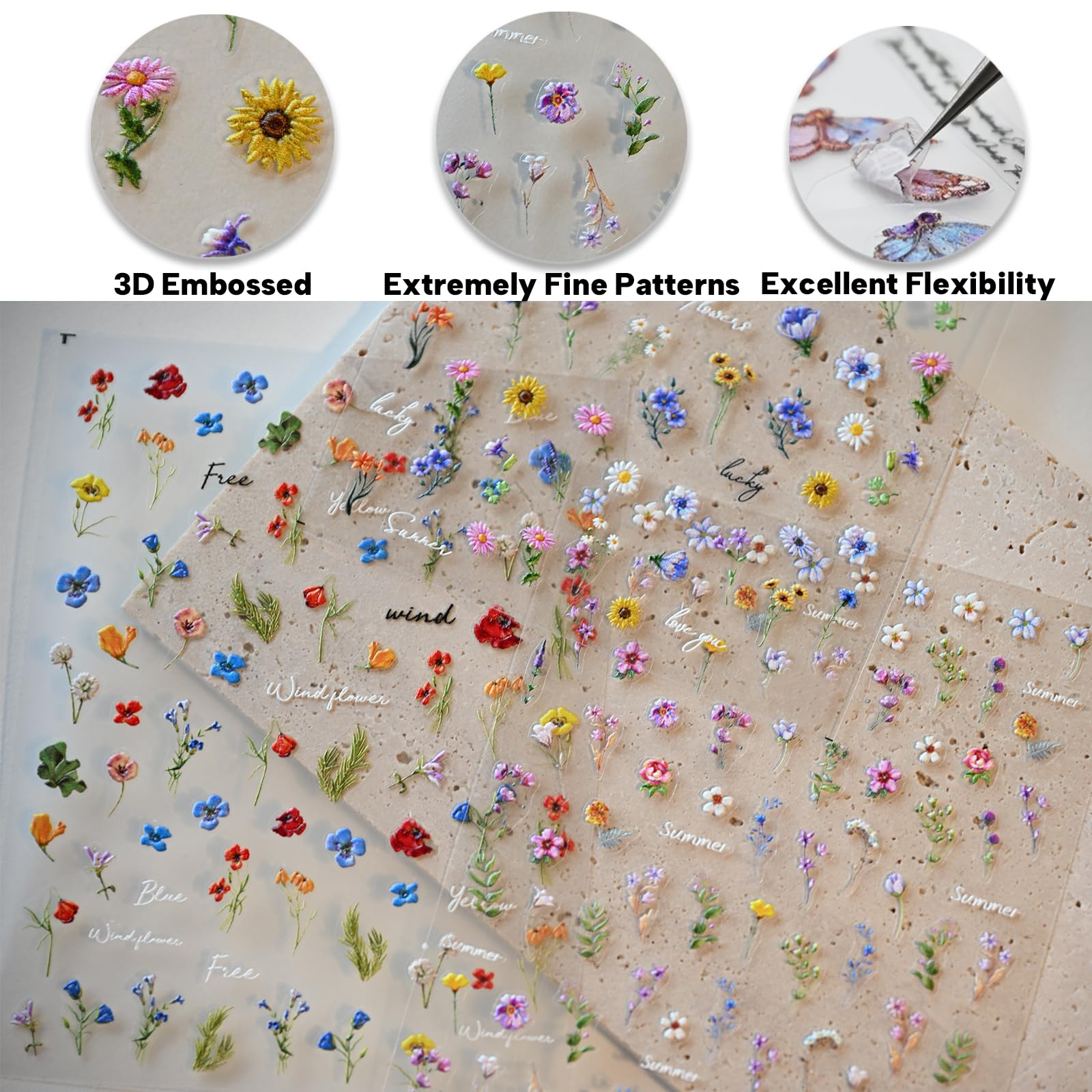 3D Embossed Flower Nail Art Stickers - Self-Adhesive Nail Decals for Spring & Summer Nail Designs | Women's Nail Art Accessories & Supplies (3 Sheets) - Perfect for DIY Manicures, Salon Nail Art, and Special Occasions