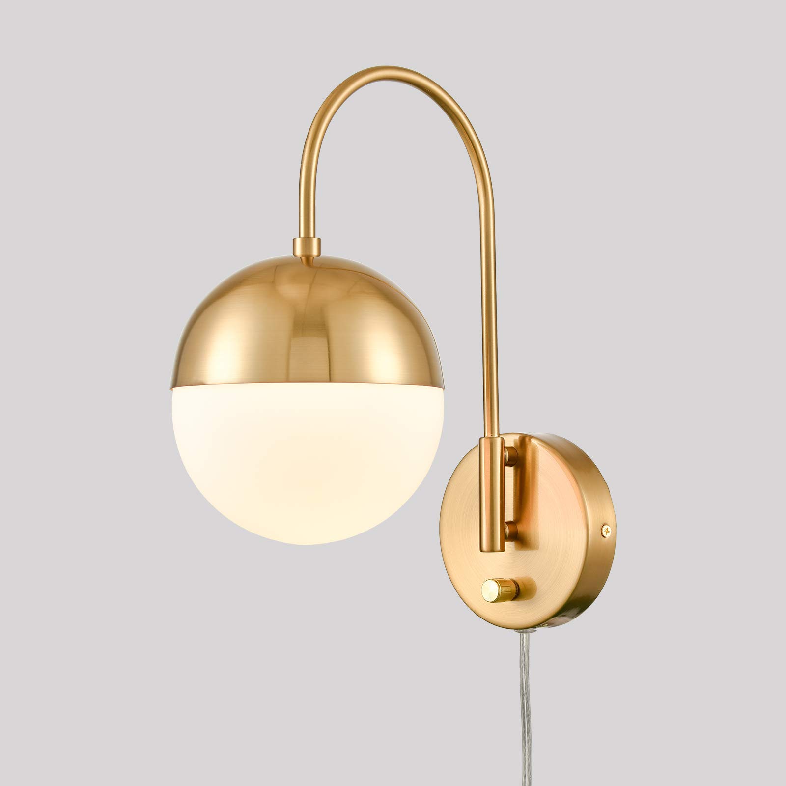 Vintage Mid Century Modern Wall Sconce - Gold Brass Plug-in Wall Lamp with Opal White Glass Globe, Adjustable Switch - Perfect for Bedroom, Living Room & Hallway Lighting