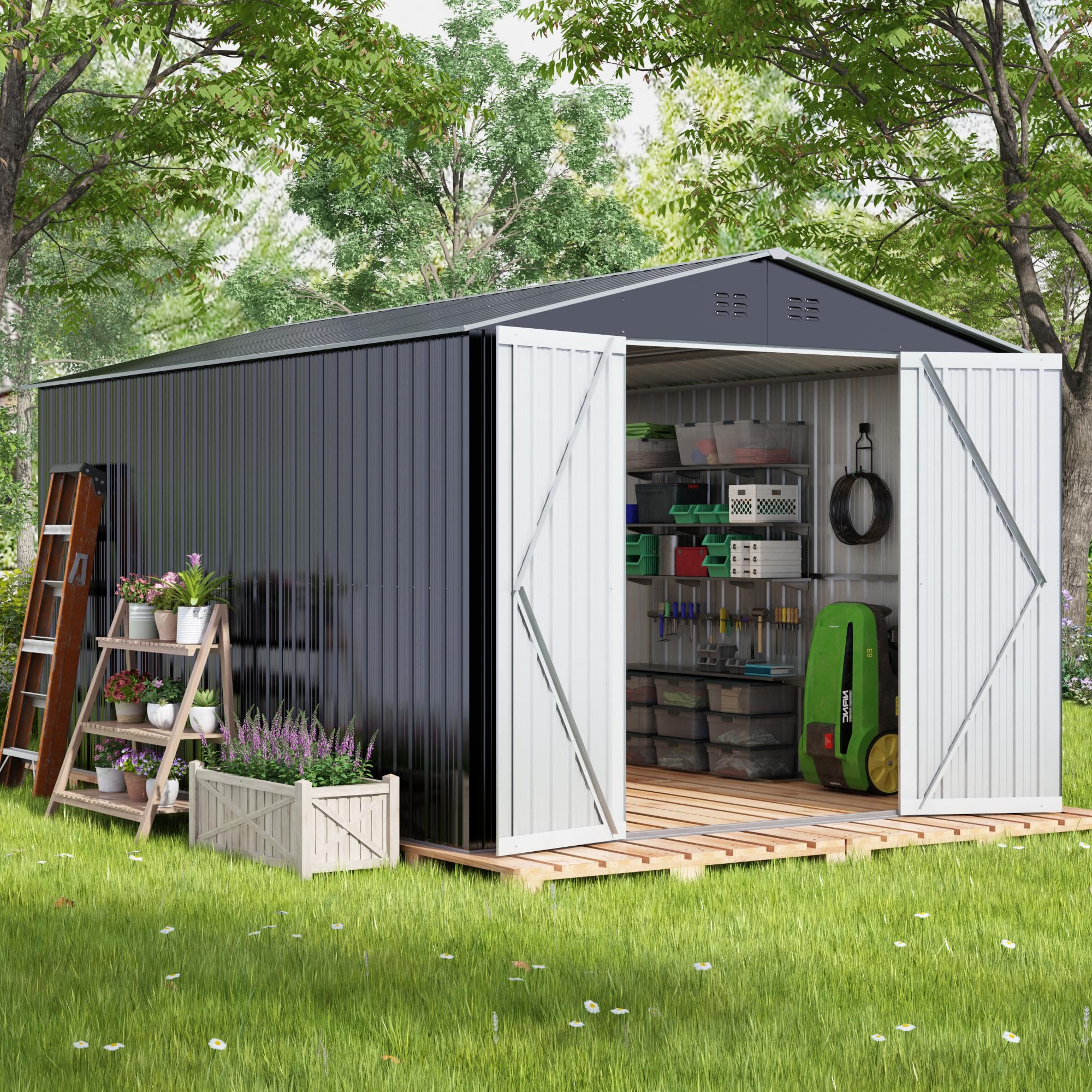 8x12 FT Heavy Duty Outdoor Storage Shed - Large Metal Tool Shed with Reinforced Frame & Lockable Doors - Weatherproof Garden Shed for Backyard, Patio, Lawn Equipment (Grey) | Perfect for Storing Tools, Lawn Mowers & Outdoor Gear