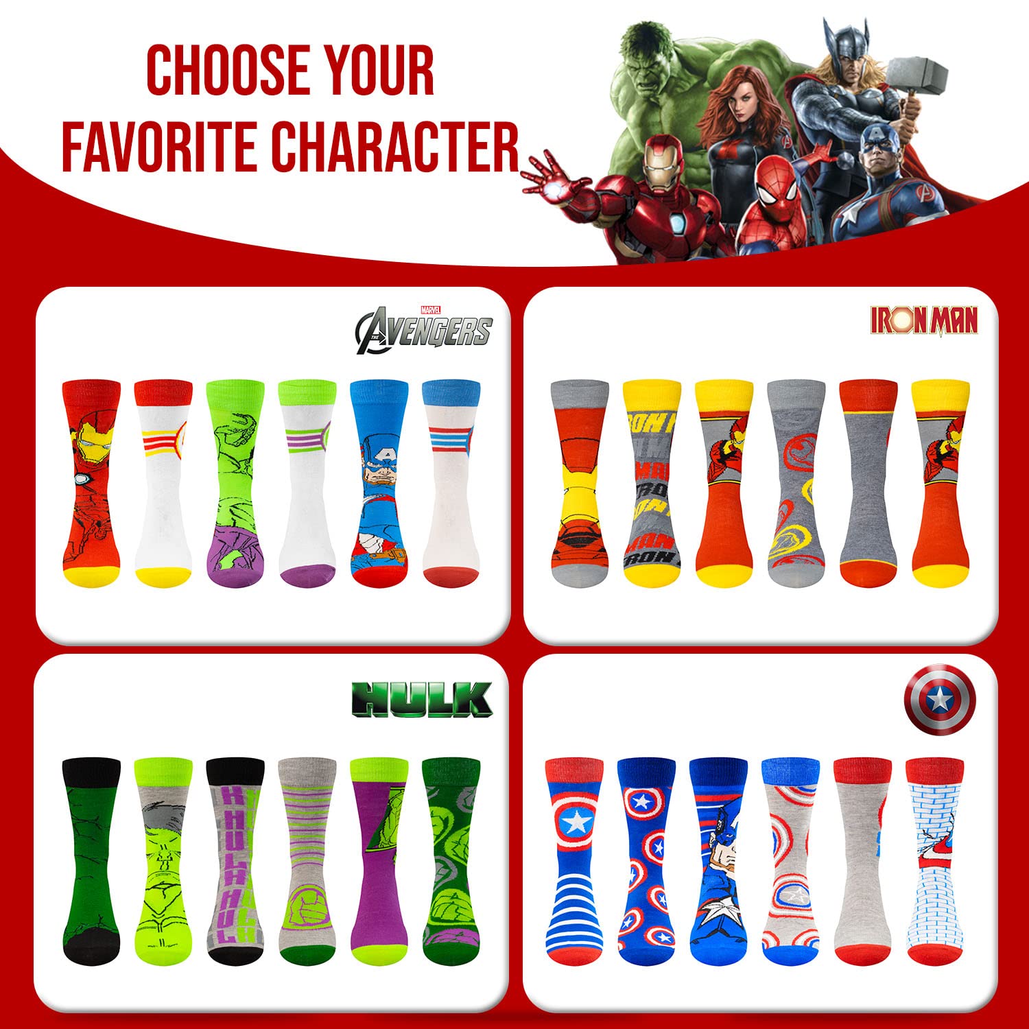 Marvel Legends Superhero Socks for Men & Boys - 6-Pack Athletic Crew Socks - Breathable Cotton Blend for Sports & Daily Wear - Perfect for Running, Gym & Casual Outfits