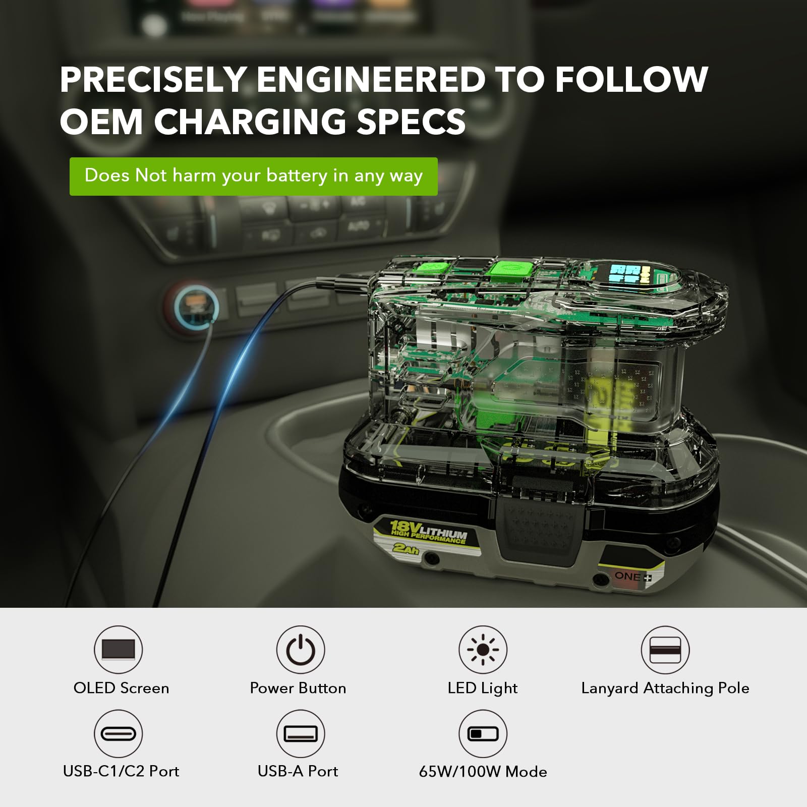 SYMIK 100W Fast Charger & 145W Power Station for Ryobi 18V Li-ion Batteries - Dual-Port USB-C/USB-A Charging, OLED Display, Portable Power Source for Tools & Devices - Ideal for Camping, Job Sites & Emergency Power Backup (PSC Obsidian Black)